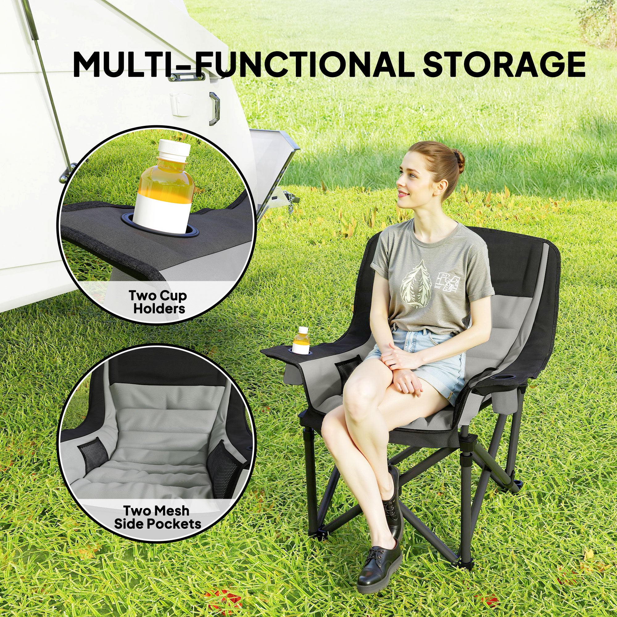 Outsunny Portable Padded Camping Chair, with Bag - Black/Grey