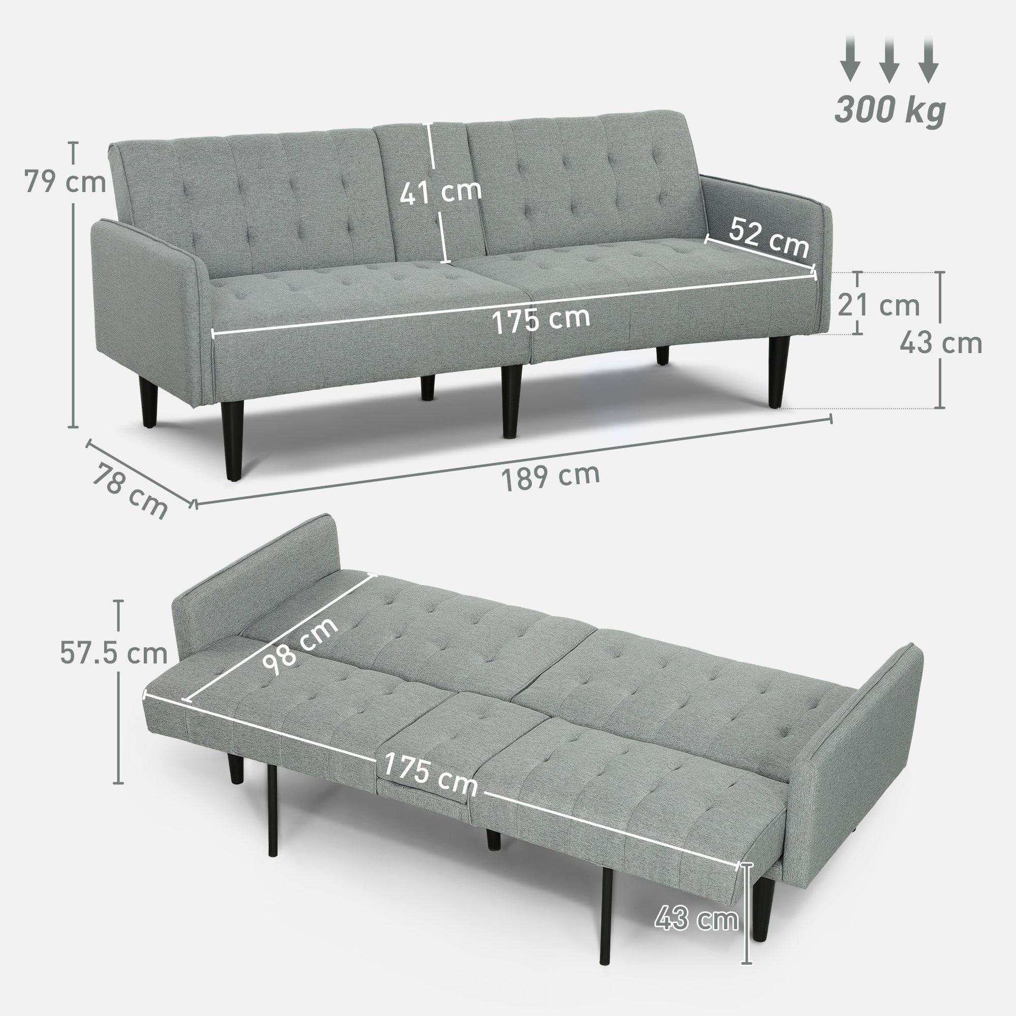 HOMCOM Three-Seater Sofa Bed, with Cupholders - Light Grey