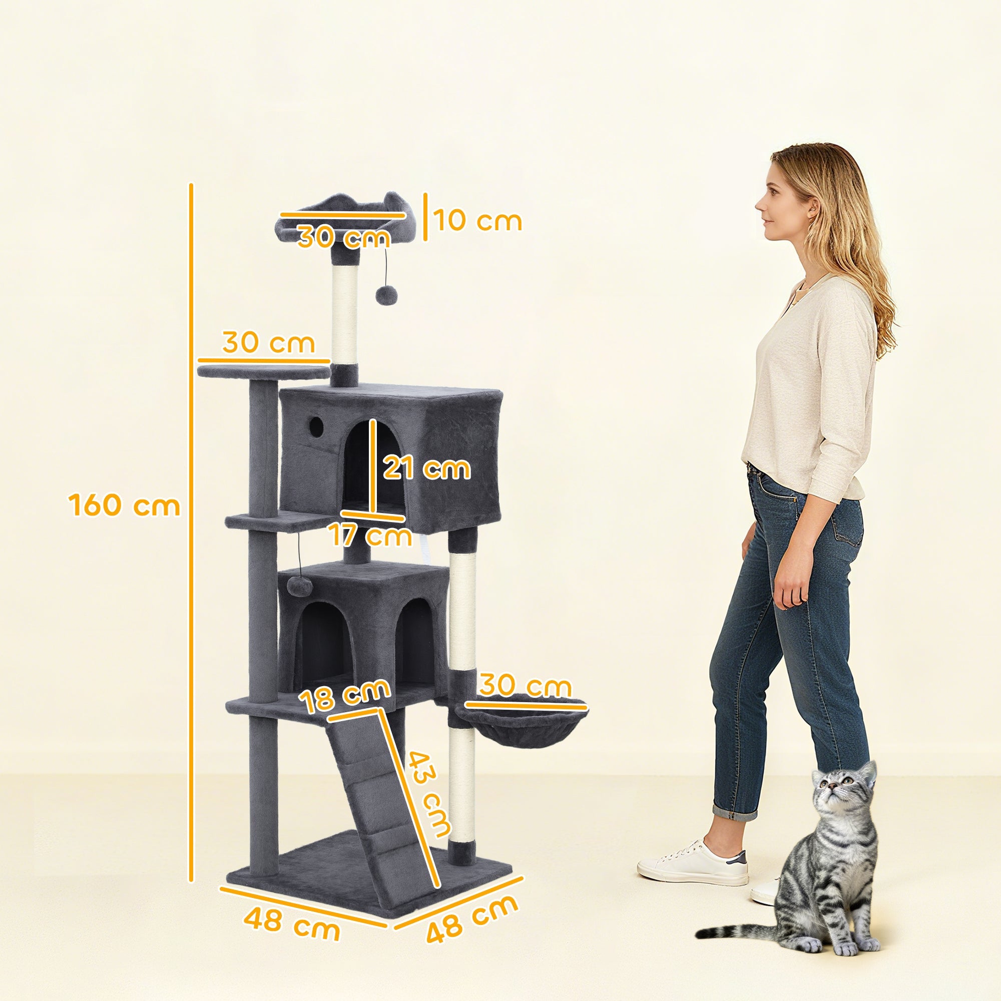 PawHut 160cm Large Cat Tree Tower with Sisal Scratching Posts, Condos, Plush Perches, Hammock, Ladder, Dark Grey