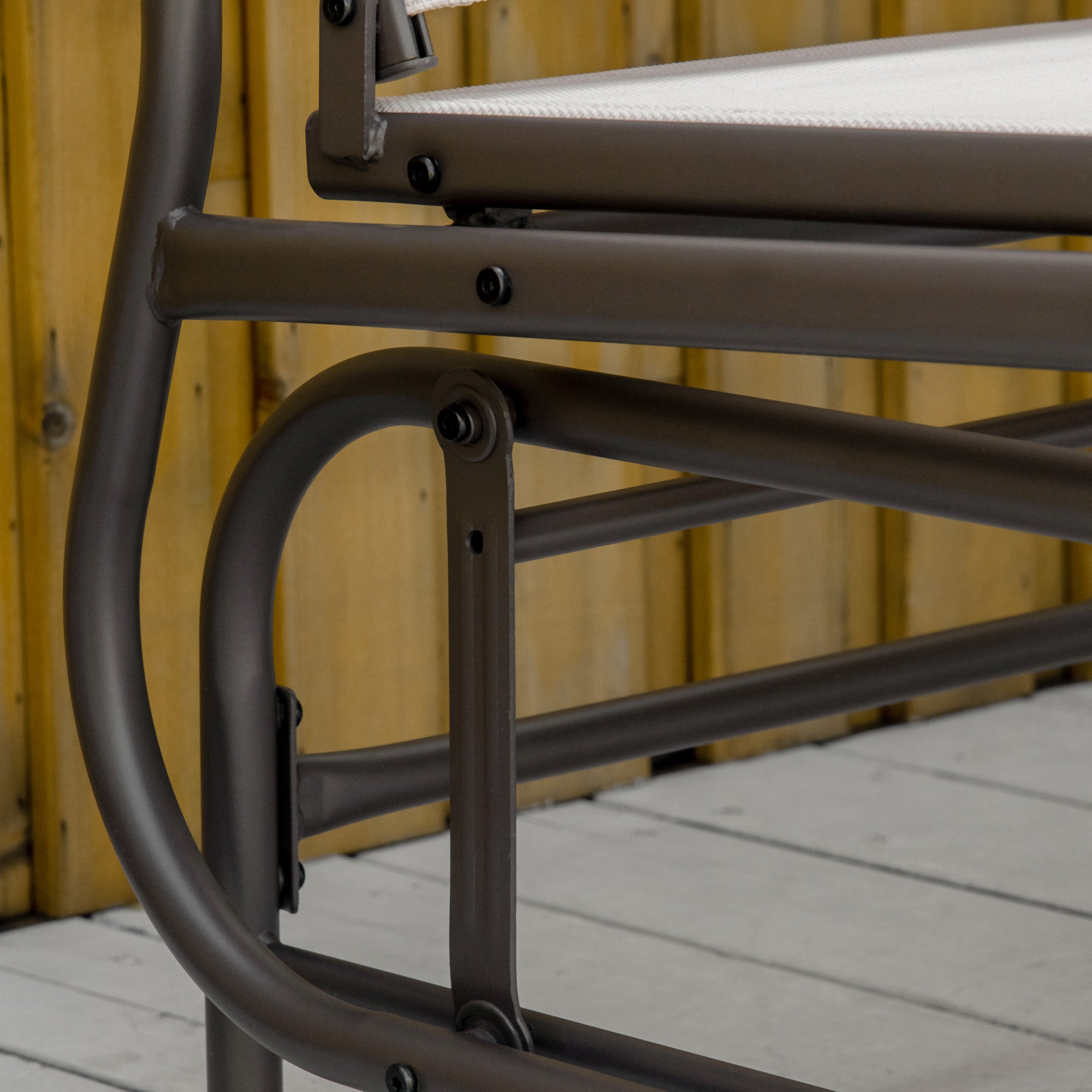 Outsunny 2 Seats Garden Glider Bench, Metal Frame Loveseat with Glass Top Centre Table, Porch Rocking Glider for 2 Person, for Deck, Patio, Brown/ Khaki