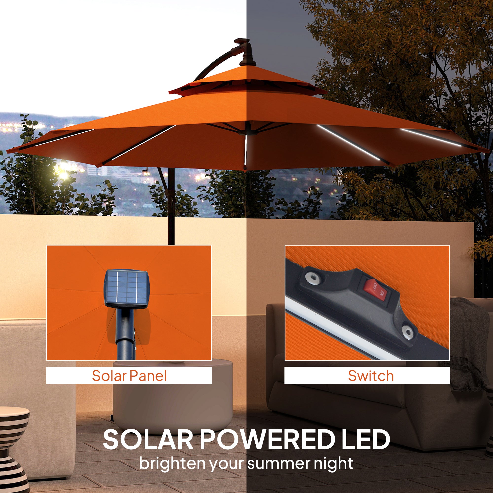 Outsunny 3m LED Light Overhanging Parasol - Orange