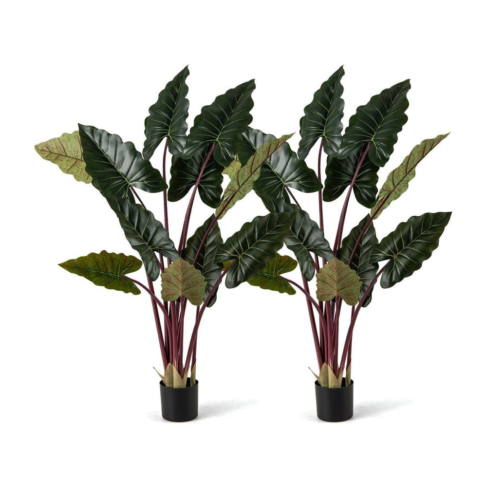 Artificial Rainbow Taro Tree set of two plants with dark green leaves and red stems