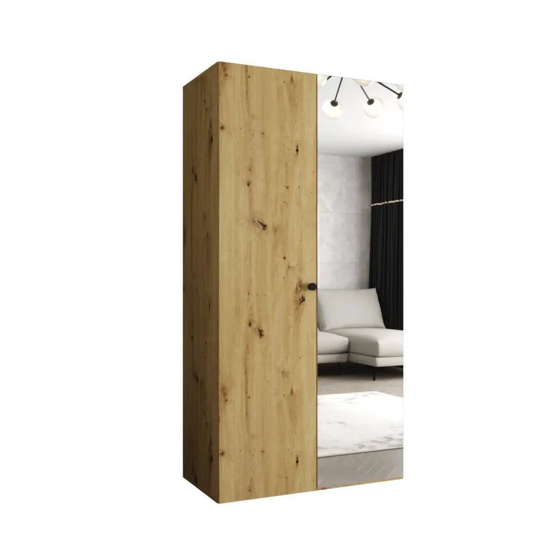 The hinged wardrobe featuring a natural oak wood grain finish and a tall mirror door