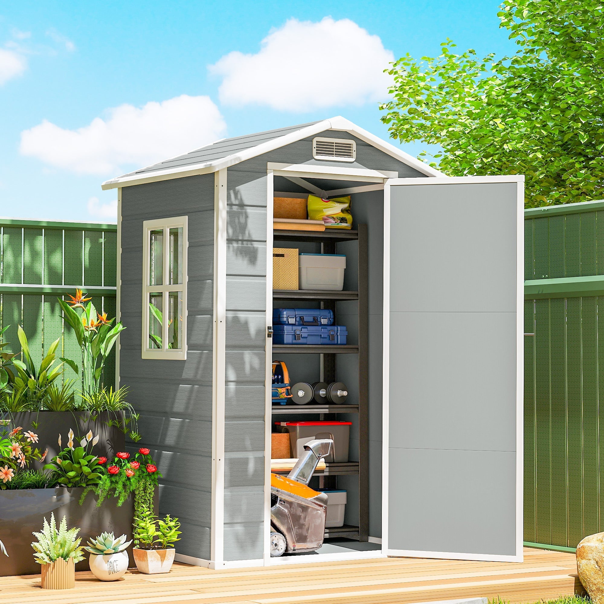 Outsunny 4 x 3 ft Plastic Garden Shed with Floor, Outdoor Storage Shed with Lockable Door, Window and Vent, Light Grey