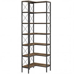 HOMCOM 6-Tier L-Shaped Bookshelf, Freestanding Corner Bookcase with Metal Frame, Rustic Brown
