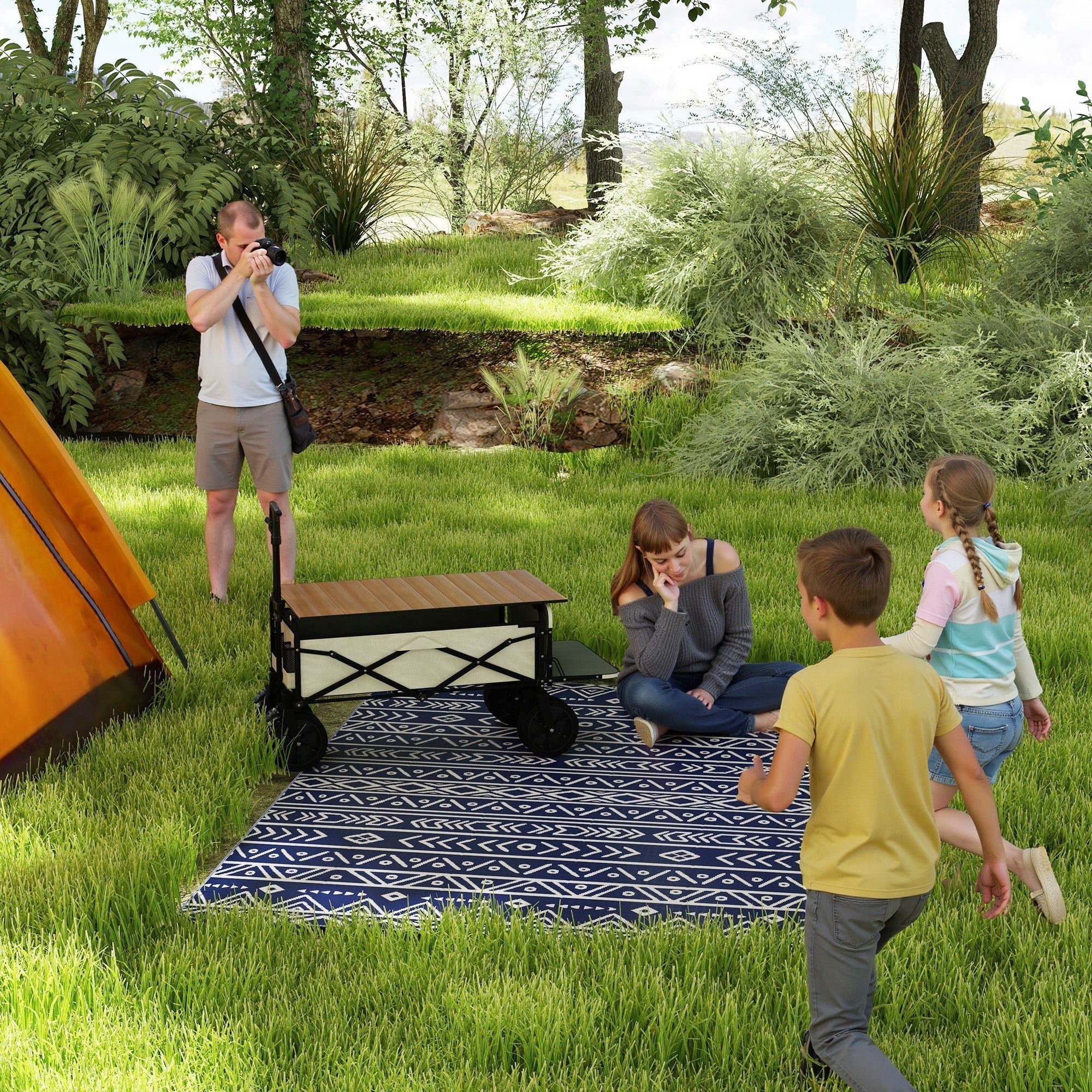 Outsunny Reversible Outdoor Rug with Carry Bag, Waterproof Plastic Straw Mat for Garden, Deck, RV, Picnic, Beach, Camping, 182 x 274cm, Dark Blue and White