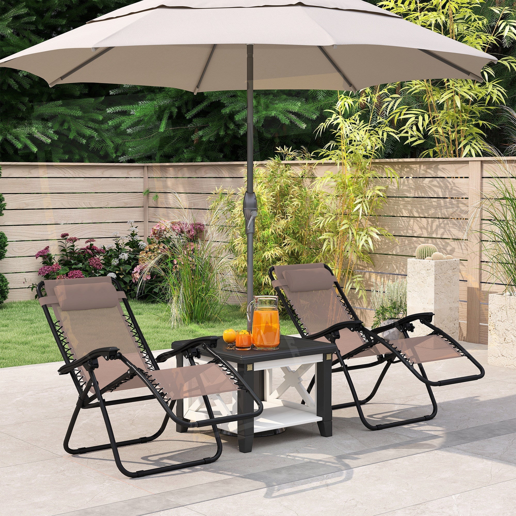 Outsunny Zero Gravity Chair Set of 2, Metal Frame Texteline Armchair Outdoor Folding and Reclining Sun Lounger with Head Pillow for Patio Decking Gardens Camping, Beige