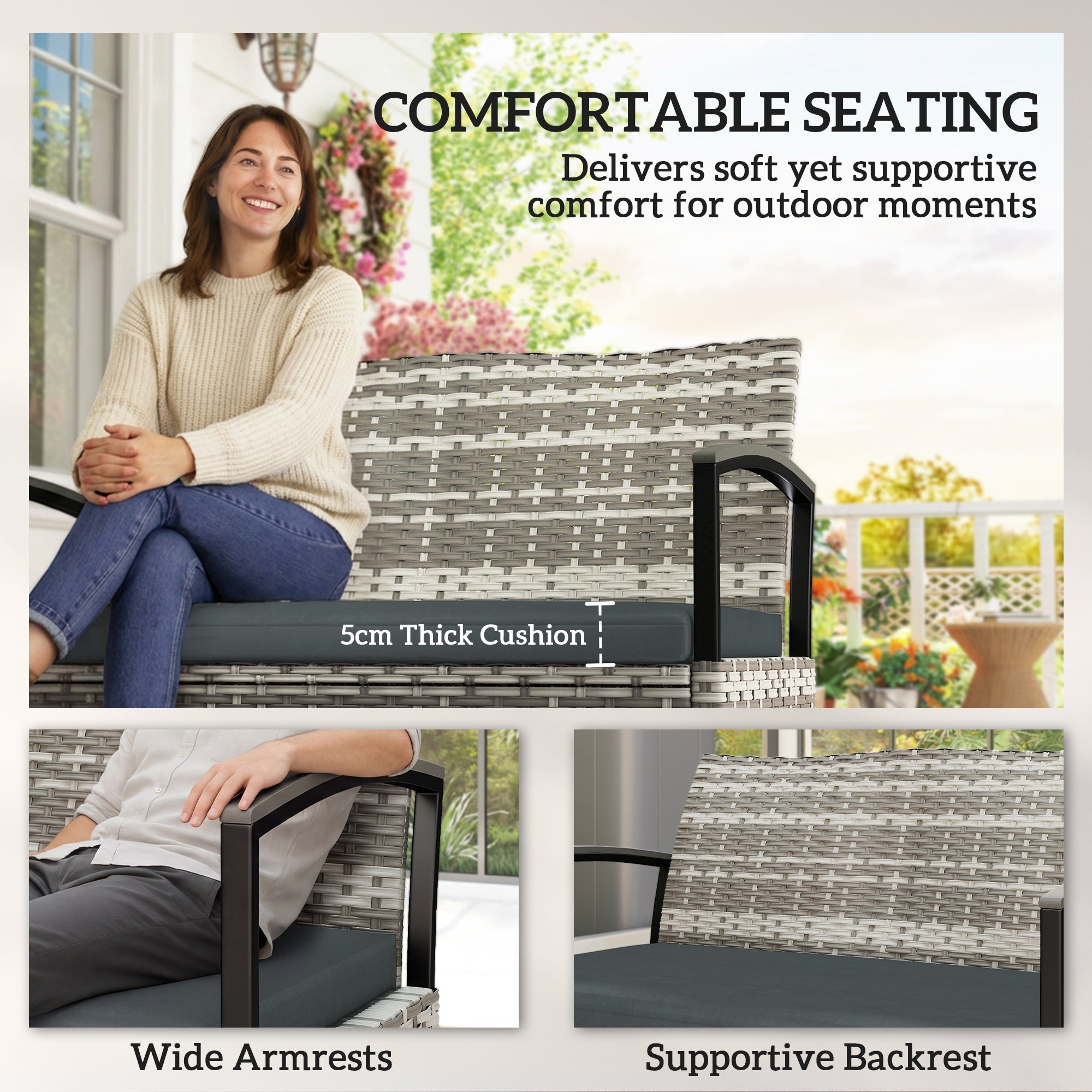 Outsunny 125L Garden Storage Bench, 2 Seater PE Rattan Outdoor Bench Storage Box with Padded Cushion, Dark Grey