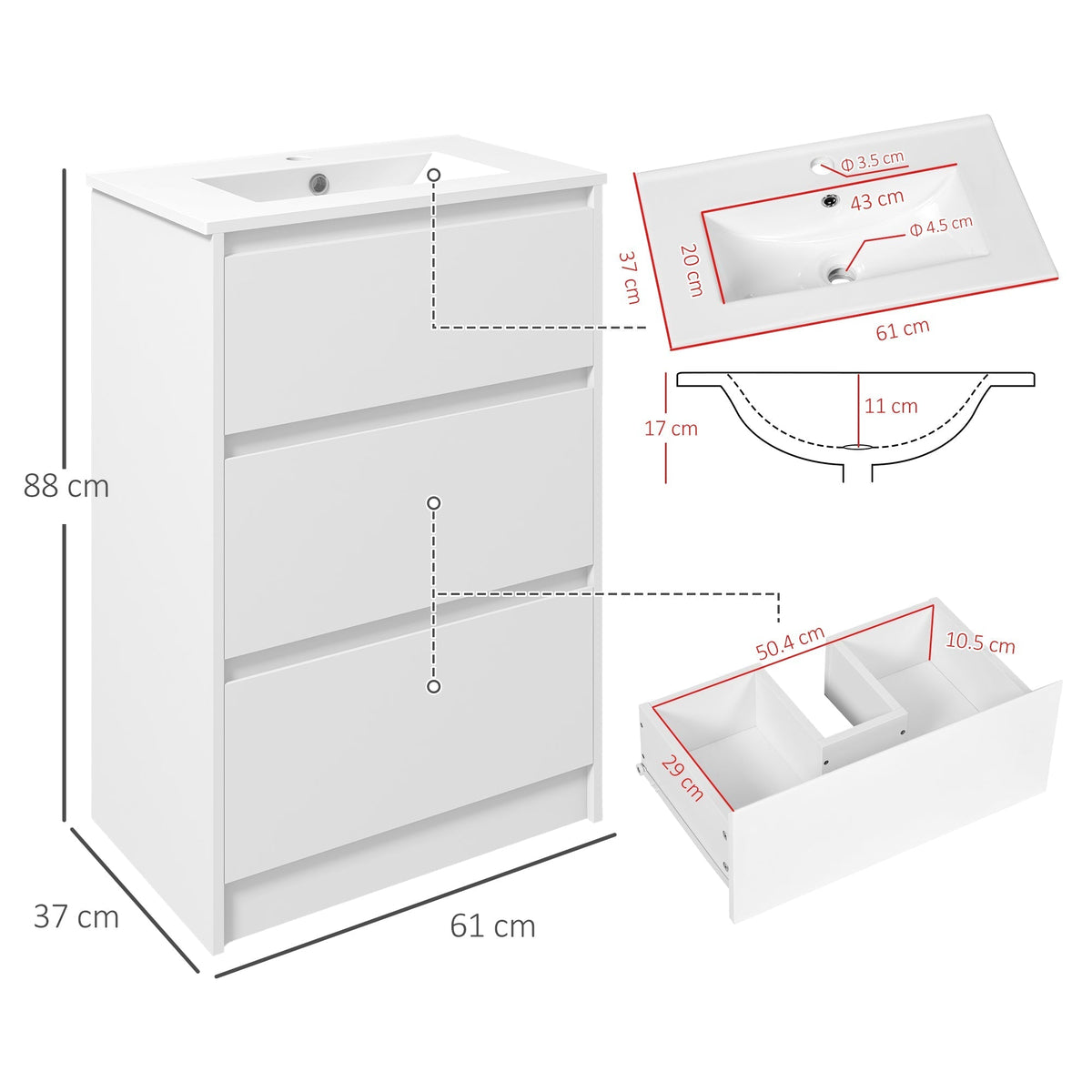 kleankin 600mm Bathroom Vanity Unit with Basin and Single Tap Hole, High Gloss White Floor Standing Bathroom Sink Unit with 2 Drawers for Cloakroom