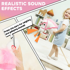 AIYAPLAY Unicorn Stick Horse with Wood Wheels, Real Pony Neighing and Galloping Sounds, Grip Handle, 95 cm, White