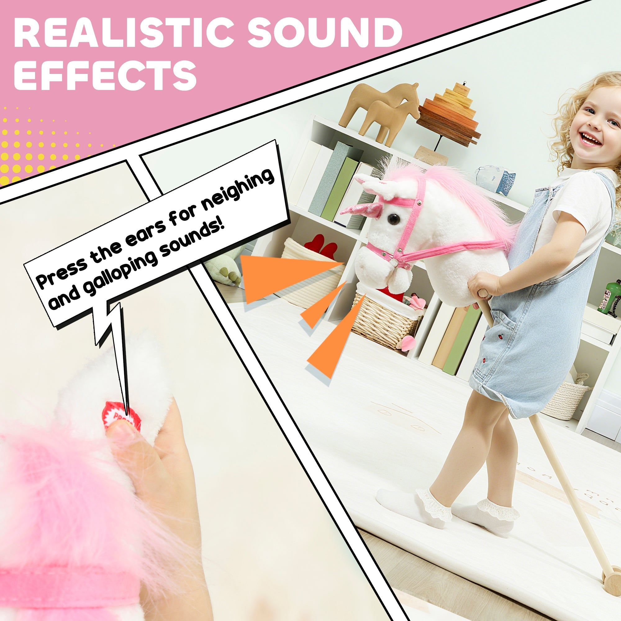 AIYAPLAY Unicorn Stick Horse with Wood Wheels, Real Pony Neighing and Galloping Sounds, Grip Handle, 95 cm, White