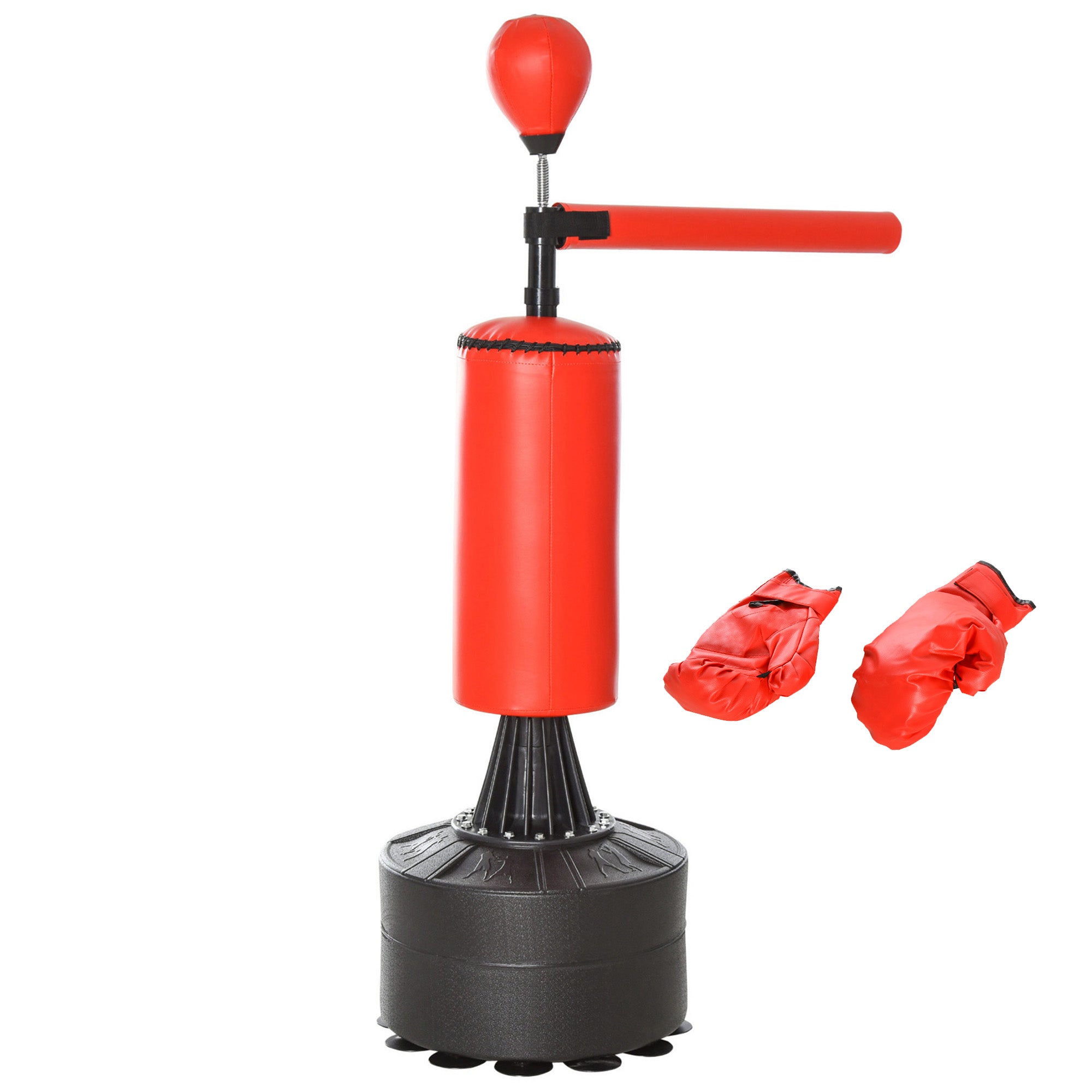 HOMCOM 155-205cm 3-IN-1 Freestanding Boxing Punching Bag Stand, Boxing Speed Trainer with Rotating Flexible Arm, Speed Ball, Fillable Base, Red