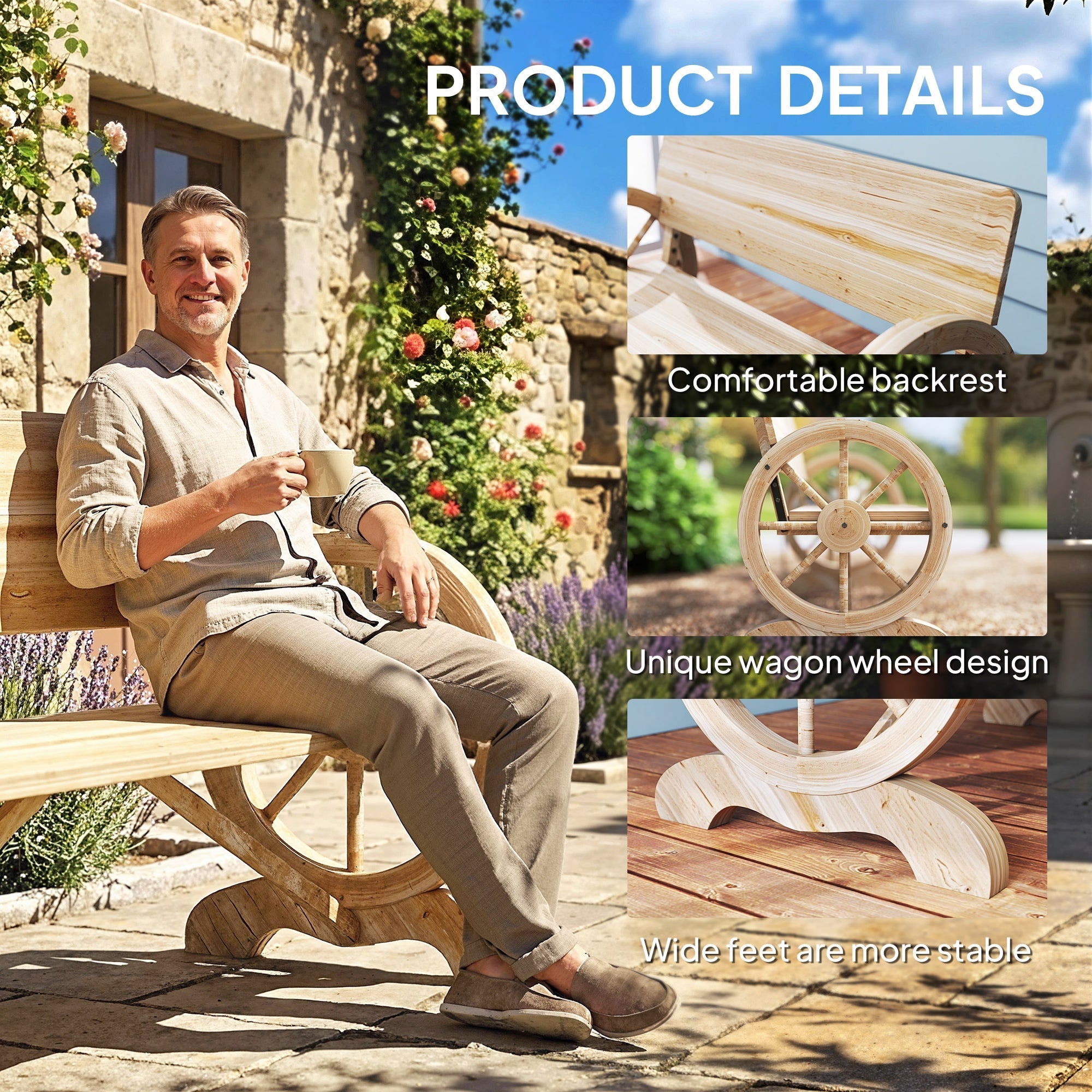 Outsunny Fir Wood 2-Seater Outdoor Garden Wagon Wheel Bench, Natural Wood Finish