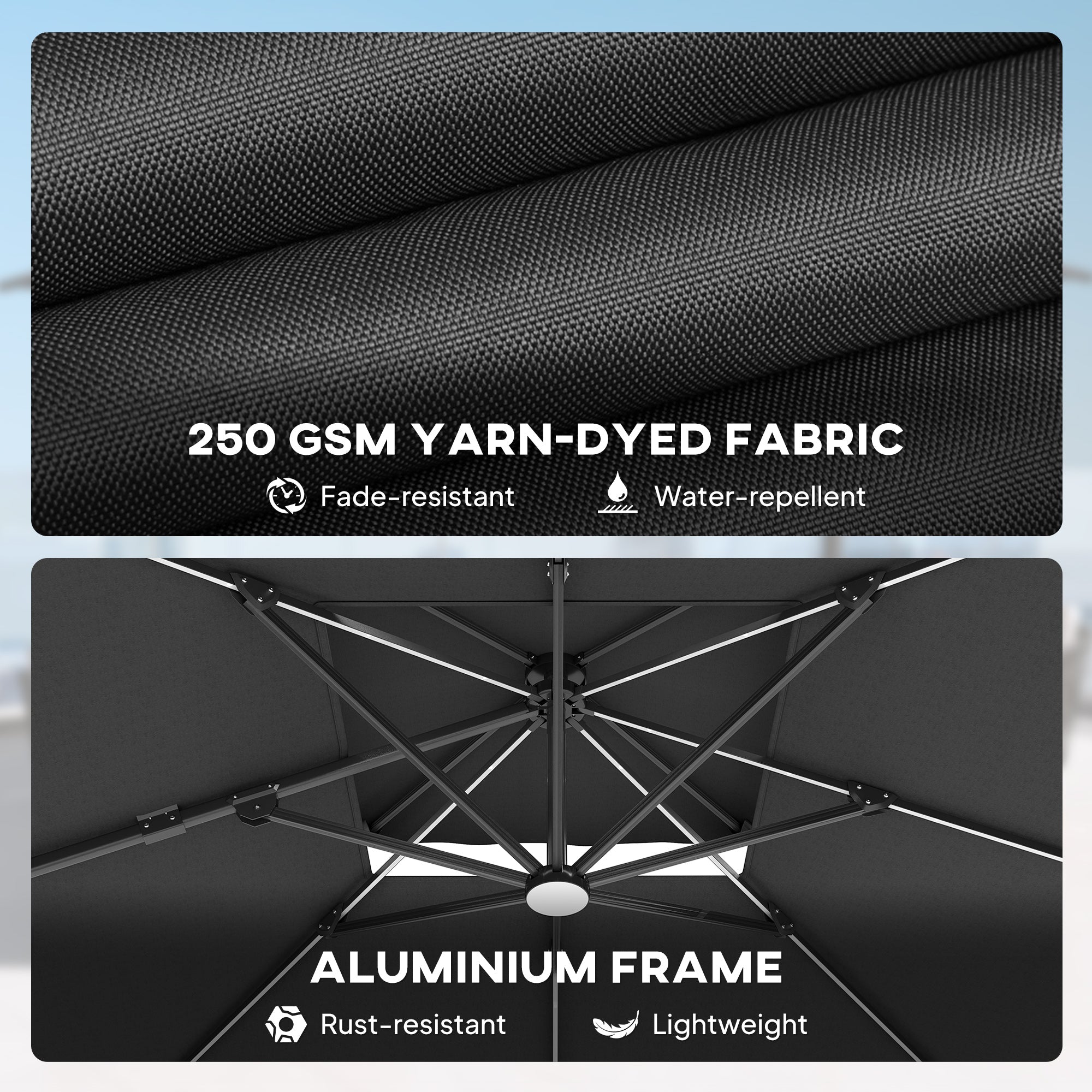 Outsunny 3.5x3 m Garden Cantilever Parasol with Solar LED Lights and Centre Light, Aluminium Large Square Patio Umbrella, UPF50+ Hanging Sun Shade with Cross Base, Crank Handle and Tilt, Grey