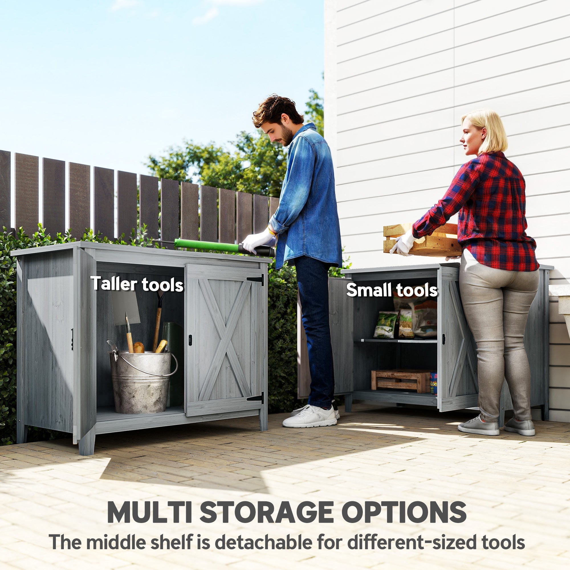 Outsunny Wooden Garden Shed, Outdoor Fir Wood Storage Shed with Shelf and Double Doors, Light Grey