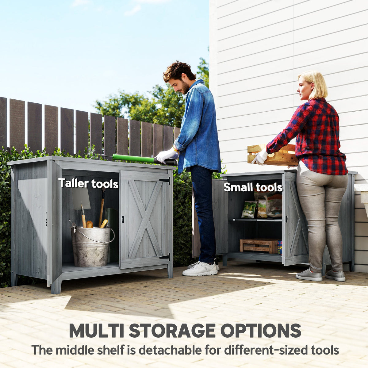 Outsunny Wooden Garden Shed, Outdoor Fir Wood Storage Shed with Shelf and Double Doors, Light Grey