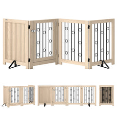 PawHut 4 Panel Freestanding Pet Gate, Indoor Dog Barrier with Lockable Door, Support Feet, 360 degrees Flexible Hinges, Oak