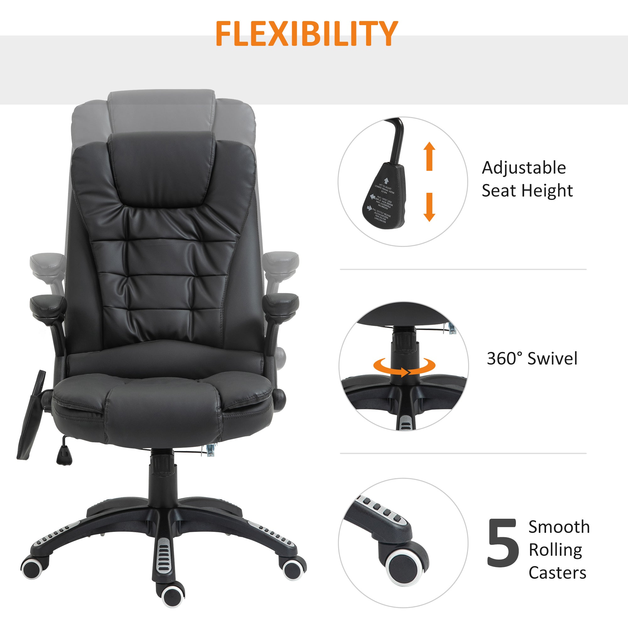 HOMCOM 6-Point Massage Office Chair with Seat Heated for Home Office, PU Leather High Back Executive Desk Chair with Adjustable Height and 360√Ç¬∞ Swivel for Work Study, Black