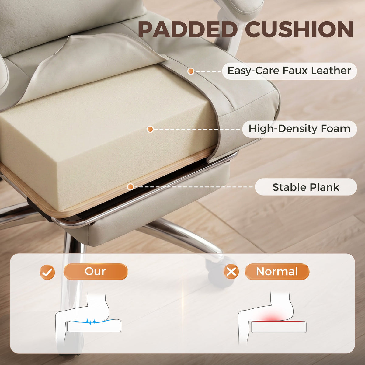 HOMCOM Ergonomic Executive Office Chair, Reclining Desk Chair with Lumbar Support, Footrest, Plush Thick Cushion, Khaki
