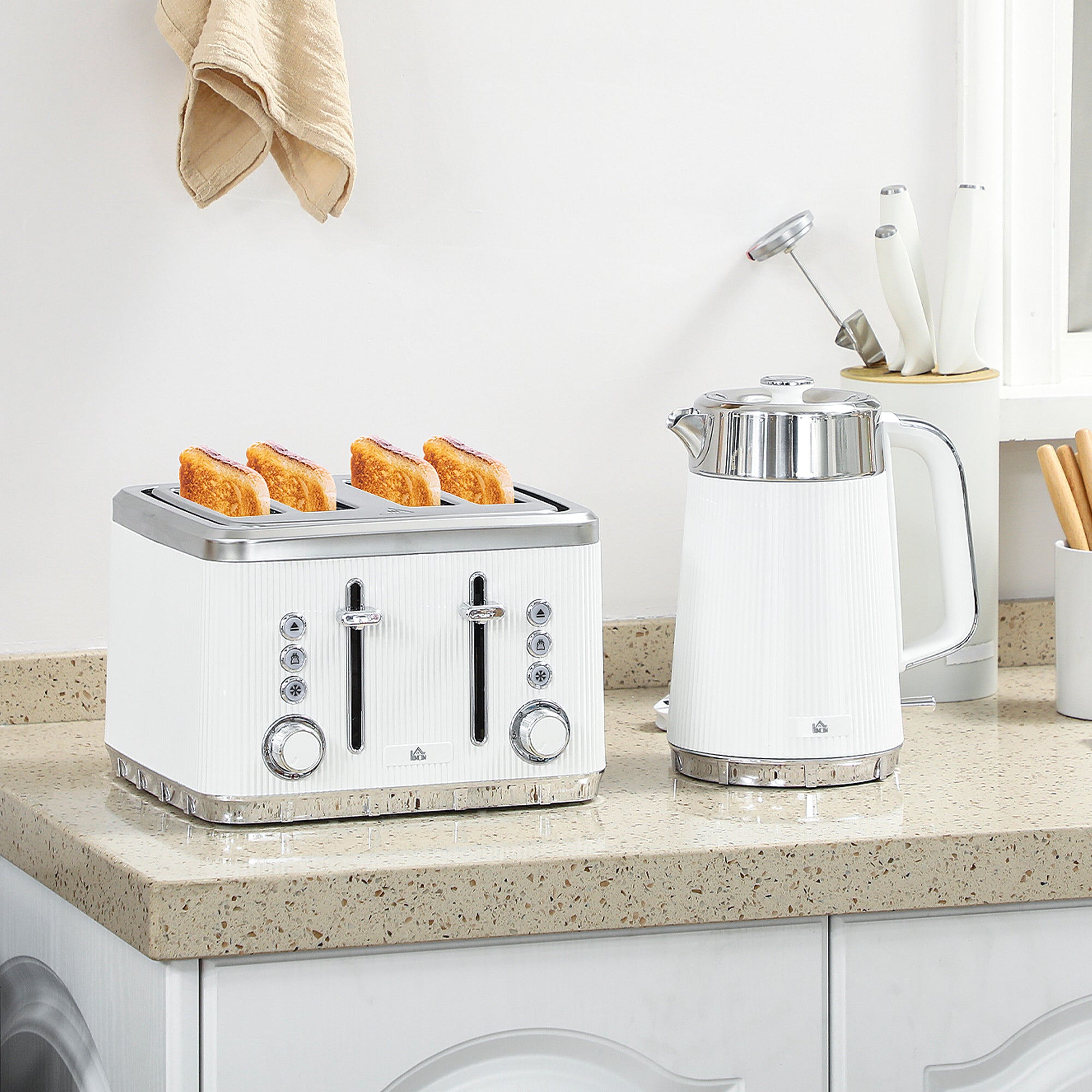 HOMCOM Electric Kettle and Toaster Set, 3000W 1.7L UK Strix Thermostat Rapid Boil Jug Kettle with Limescale Filter, Cool Touch Body, 4 Slice Toaster with 7 Browning Controls, Crumb Tray, White