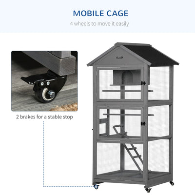 PawHut Bird Cage Mobile Wooden Aviary House with Wheel Perch Nest Ladder Tray