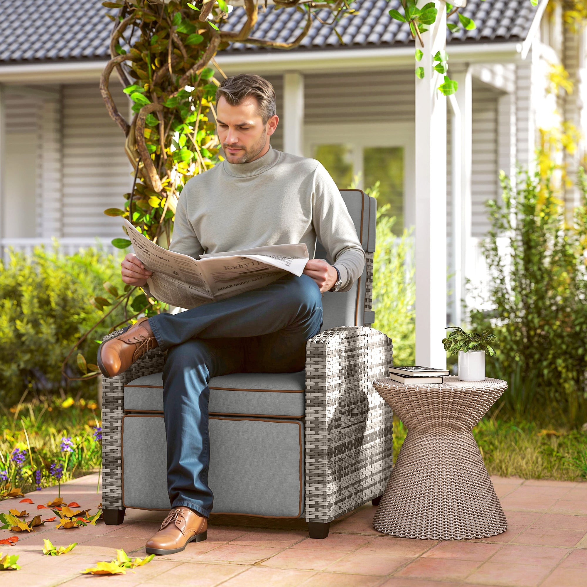 Outsunny 145Â° Reclining Rattan Armchair, with Footrest - Mixed Grey/Grey