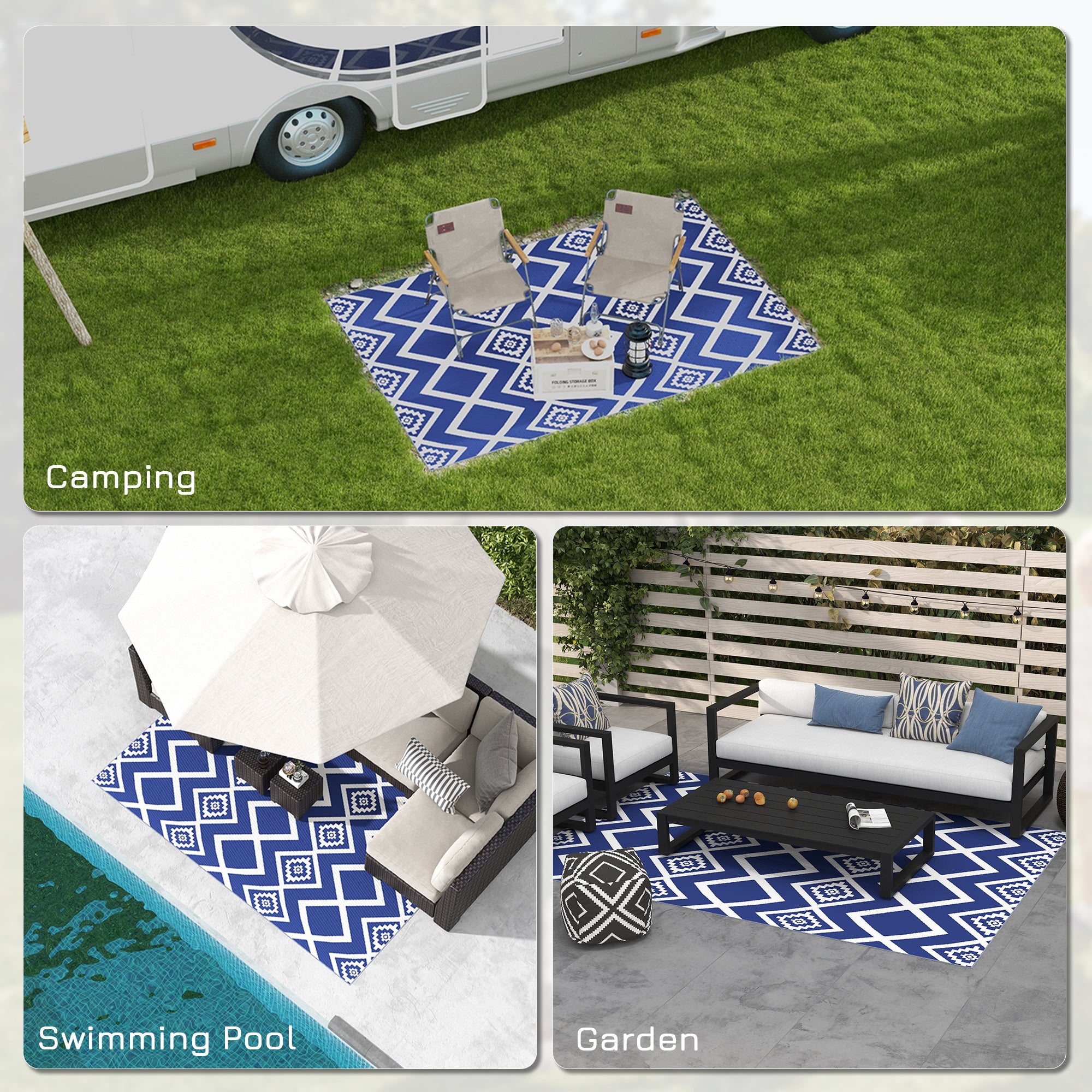 Outsunny Plastic Straw Reversible RV Outdoor Rug with Carry Bag, 182 x 274cm, Blue and White