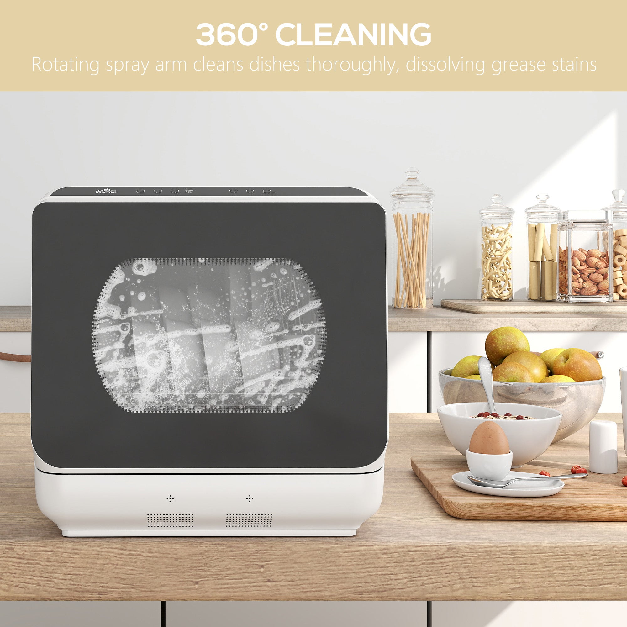 HOMCOM Table Top Dishwasher with Built-in 6L Water Tank, Mini Countertop Dishwasher with 6 Programs, 4 Place Settings, Black