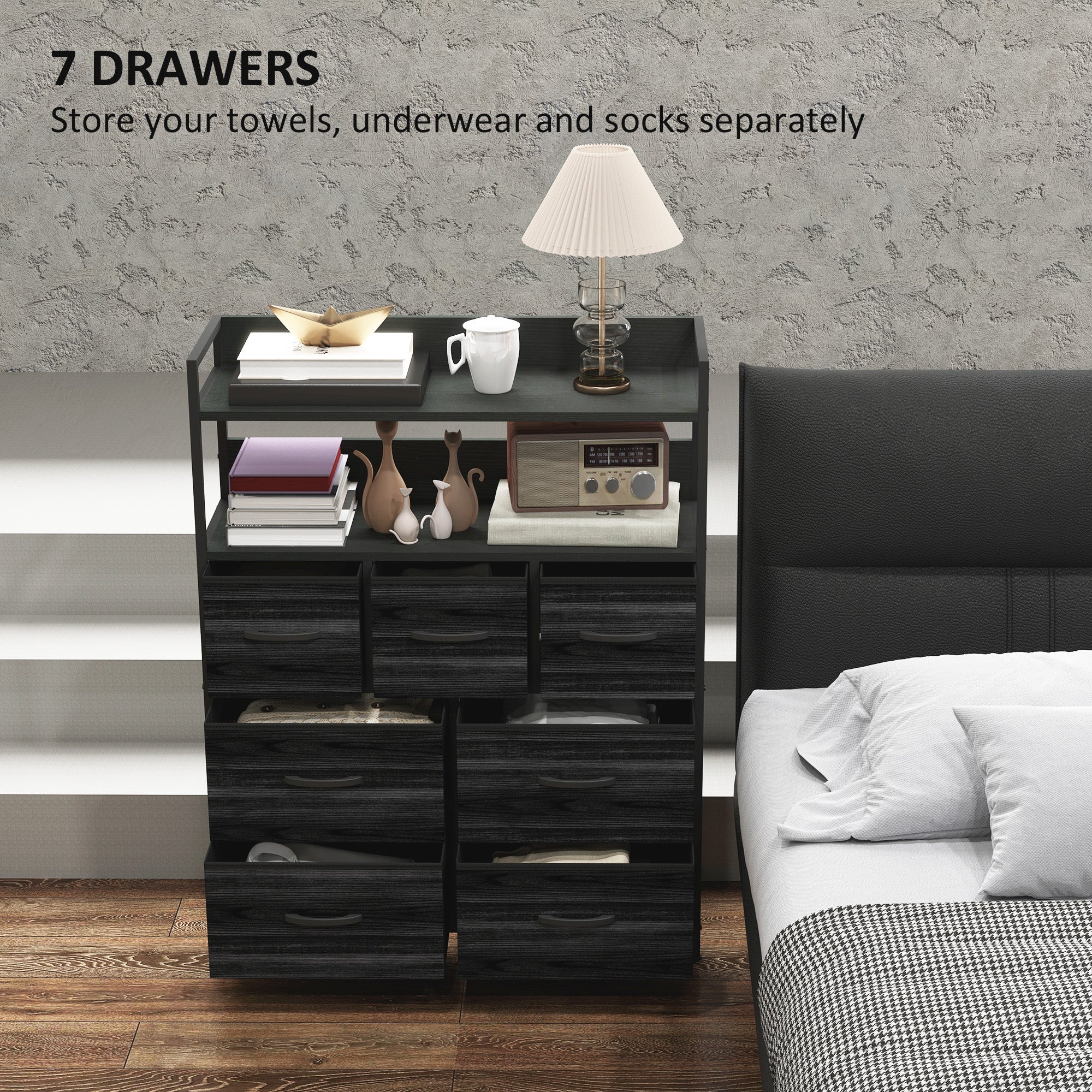 HOMCOM Rustic Chest of Seven Fabric Drawers - Black