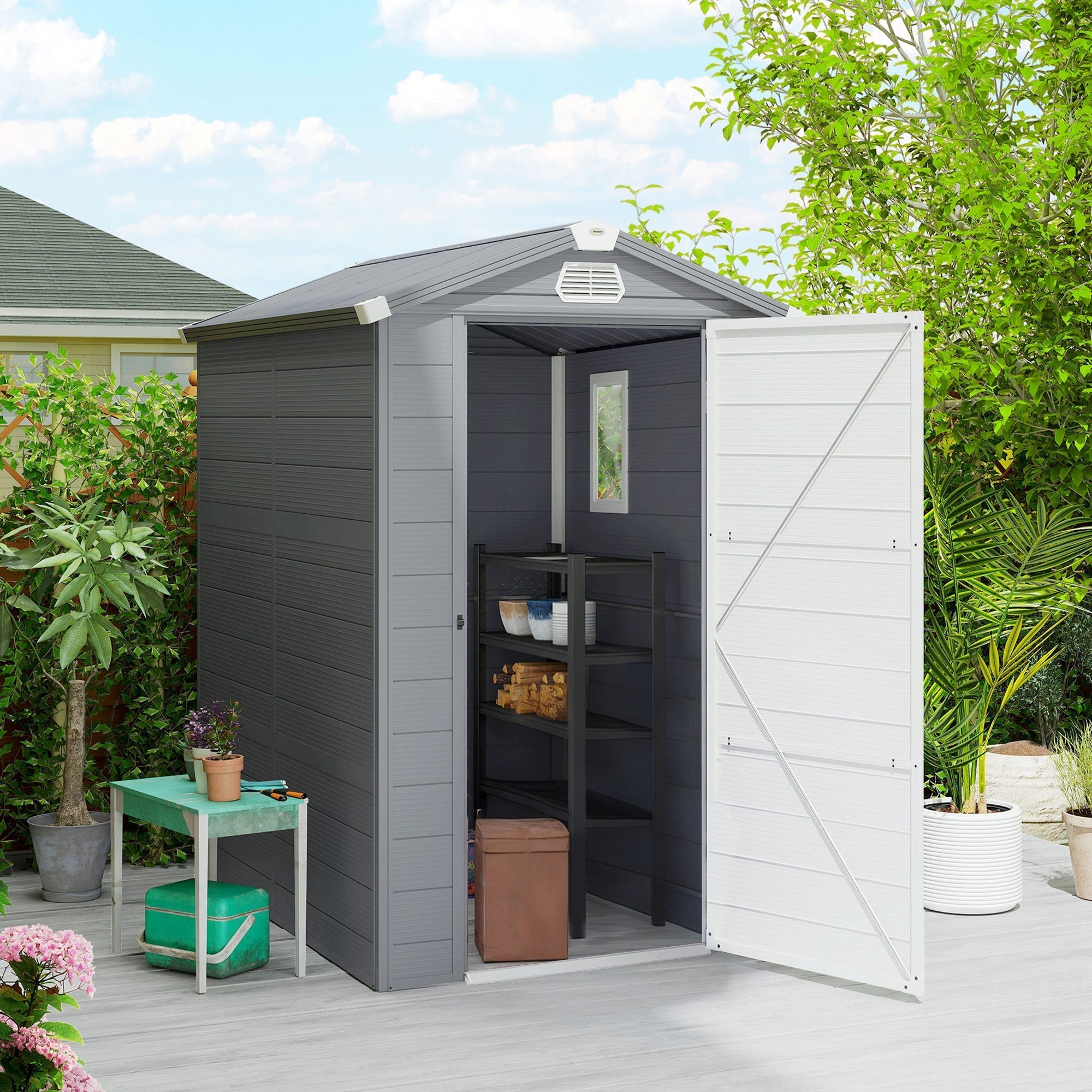 Outsunny 4.4ft x 6.2ft Aluminium Frame and Plastic Wall Shed, with Foundation - Grey