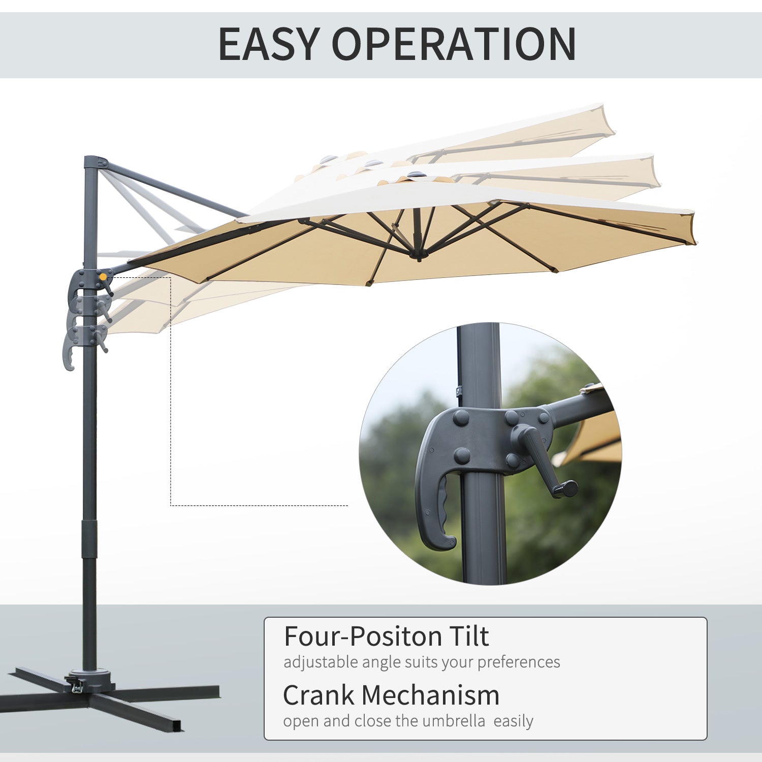 Outsunny Round Umbrella Parasol W/ Tilt 360√Ç¬∞ Rotation and Hand Crank Cross Base-Beige