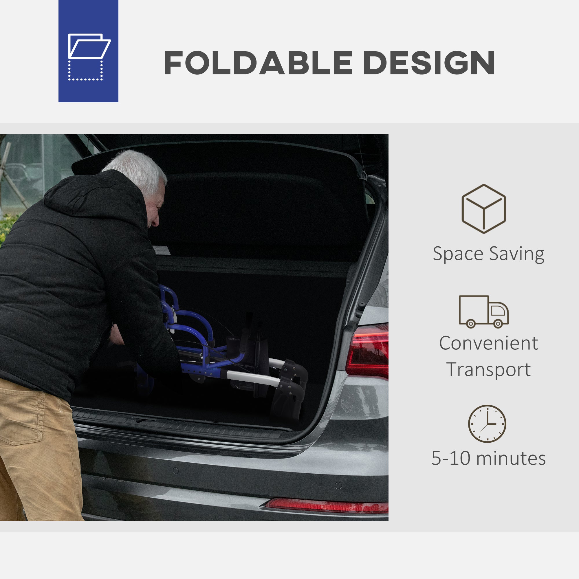 HOMCOM 2 in 1 Wheelchair Transport Chair & Folding Rollator Walker with Seat, Backrest, Footrest, Lightweight Walking Frame with Bag, Adjustable Height, 4 Wheeled Walker for Seniors, Pearl Blue