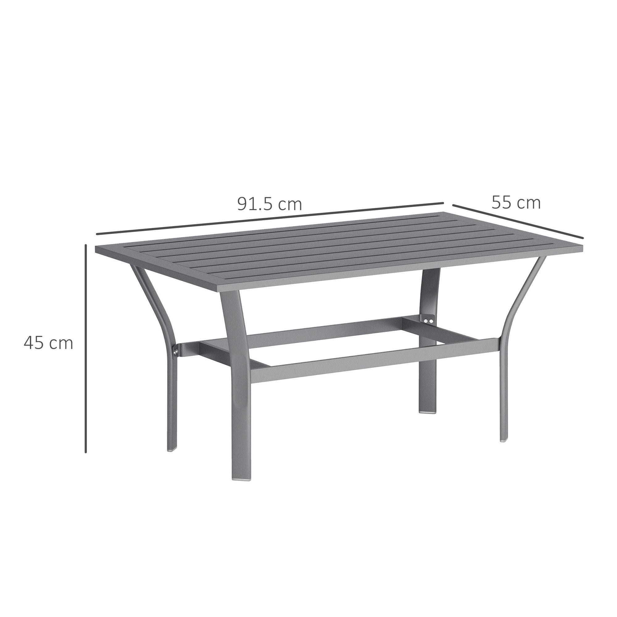 Outsunny Metal Garden Coffee Table, Rectangular Outdoor Side Table with Slatted Tabletop, Foot Pads for Outside, Garden, Balcony, Porch, 91.5 x 55 x 45cm, Dark Grey