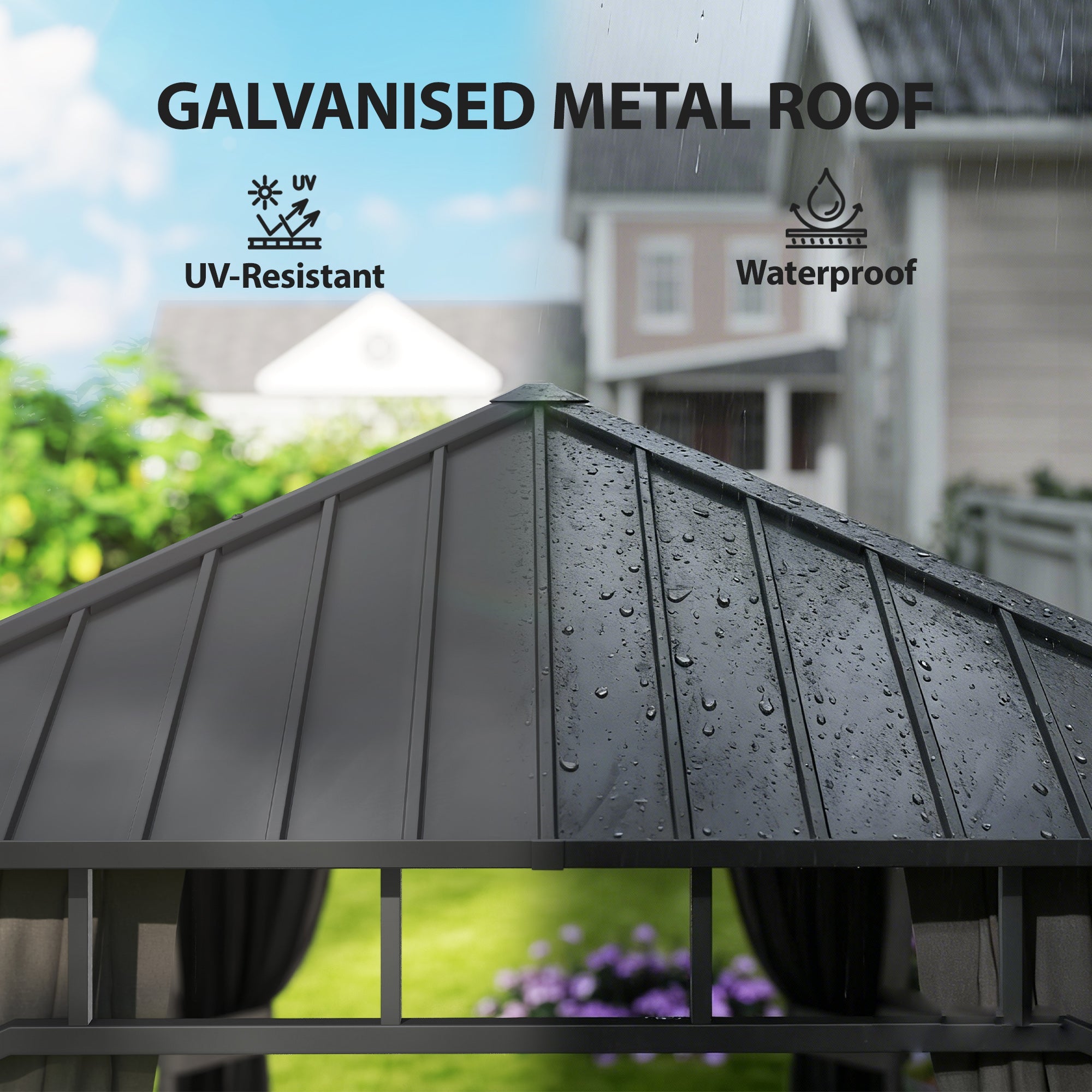 Outsunny 2 x 3.5 m Hardtop Gazebo with Galvanised Steel Roof, Waterproof Permanent Pavilion Garden Gazebo with Netting and Curtains for Patio, Deck, Dark Grey