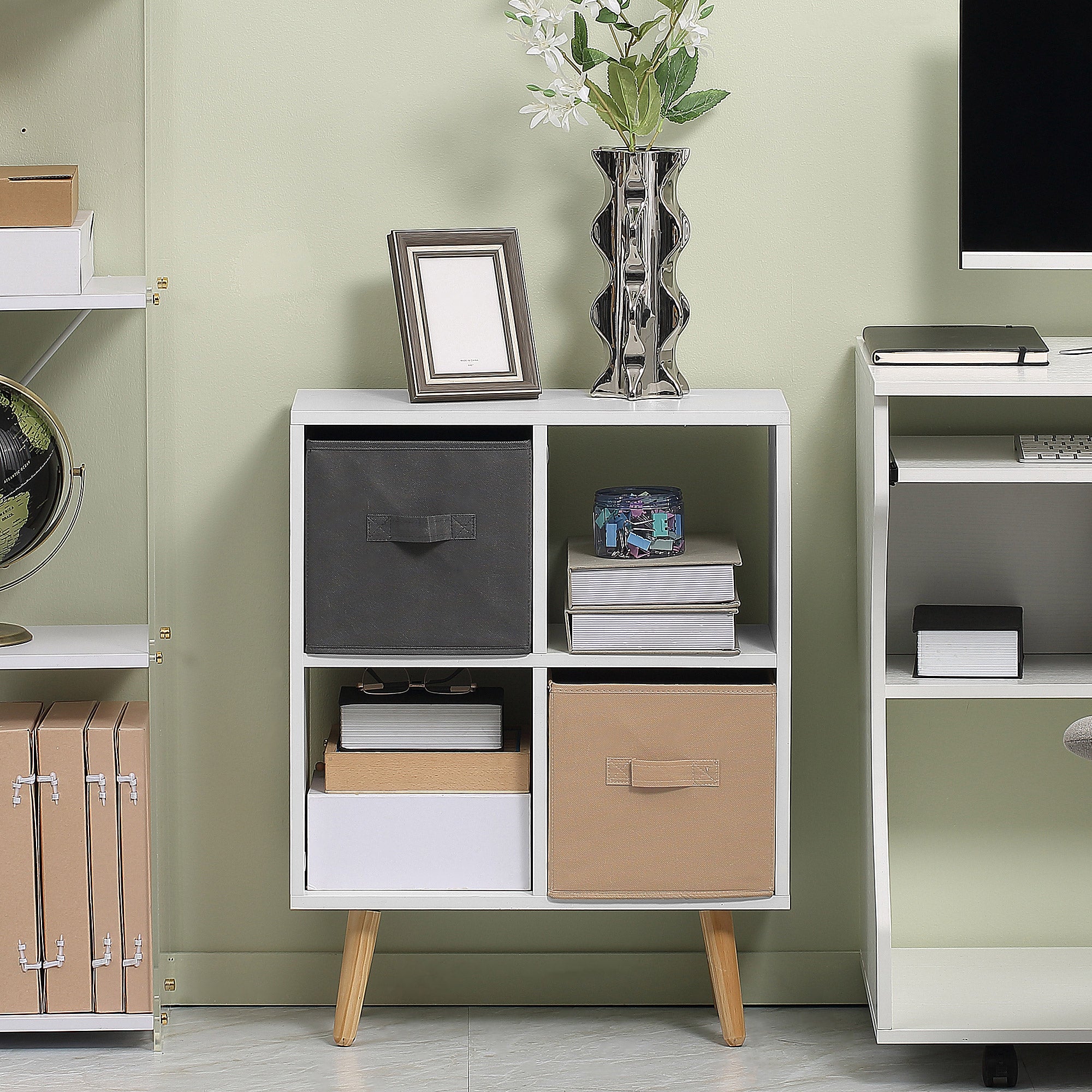 HOMCOM Freestanding 4 Cube Unit Cabinet Unit w/ 3 Fabric Drawers Handles Home Office Storage Shelves