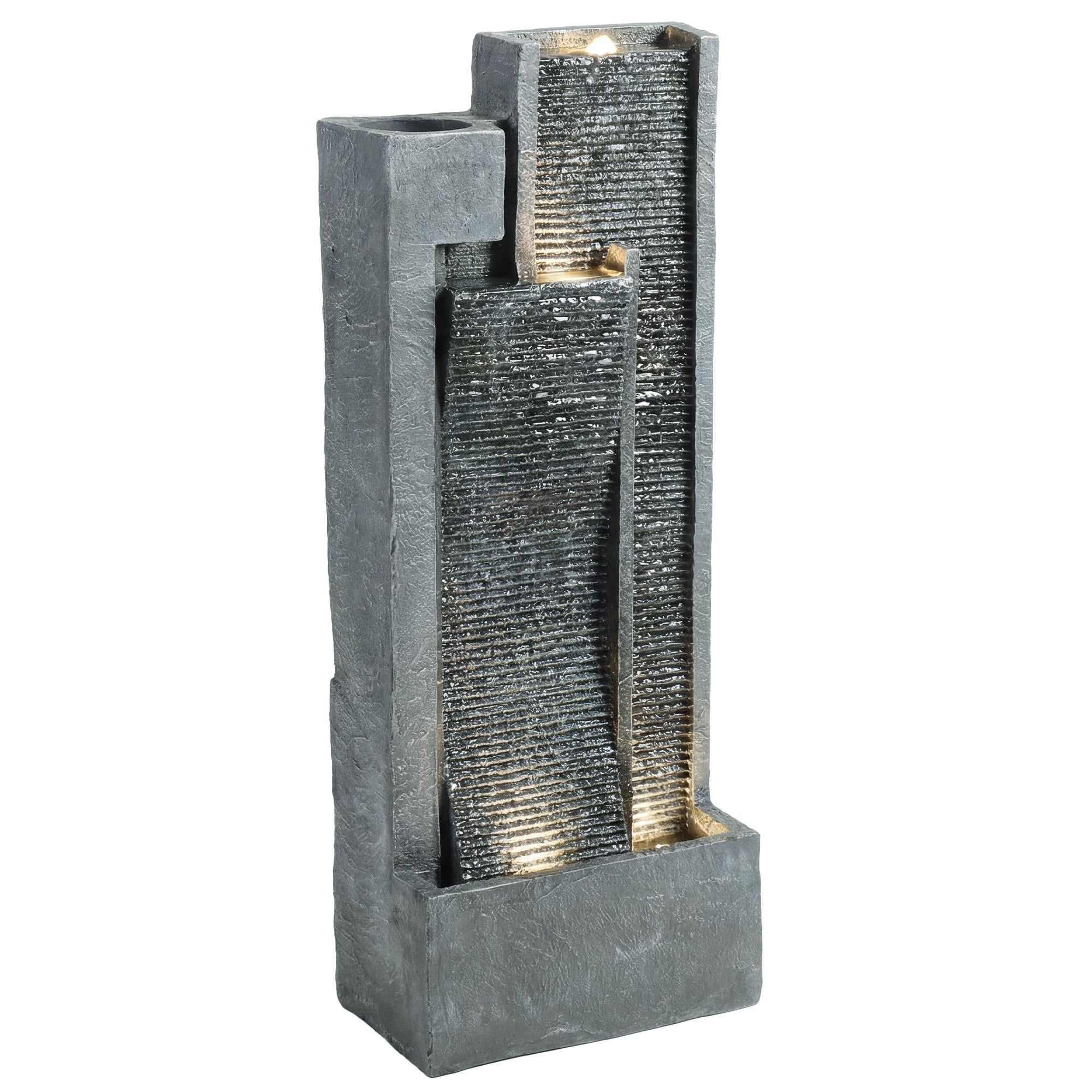 Outsunny Water Feature with LED Lights and Planter, 3-Tier Garden Water Fountain with Pump, Resin Waterfall Feature, Dark Grey