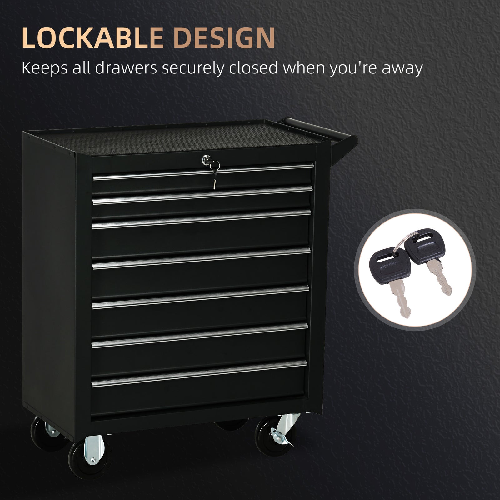 DURHAND 7-Drawer Tool Box on Wheels, Lockable Tool Cabinet with EVA Pat & Ball Bearing, Matte Black
