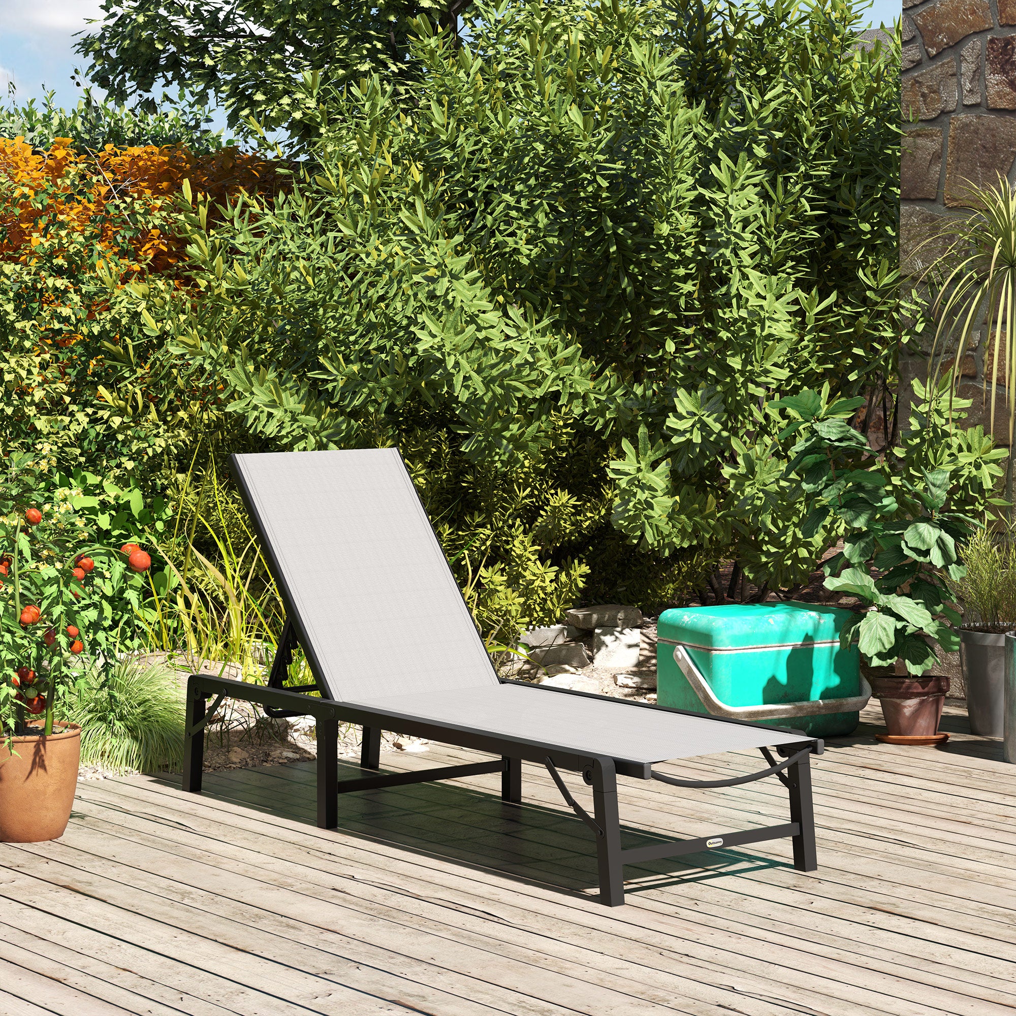 Outsunny Folding Sun Lounger, 5-Position Adjustable Reclining Garden Lounger, Garden Chaise Lounge Sunbed Recliner Chair with Steel Frame for Beach, Porch, Patio, Camping, Light Grey