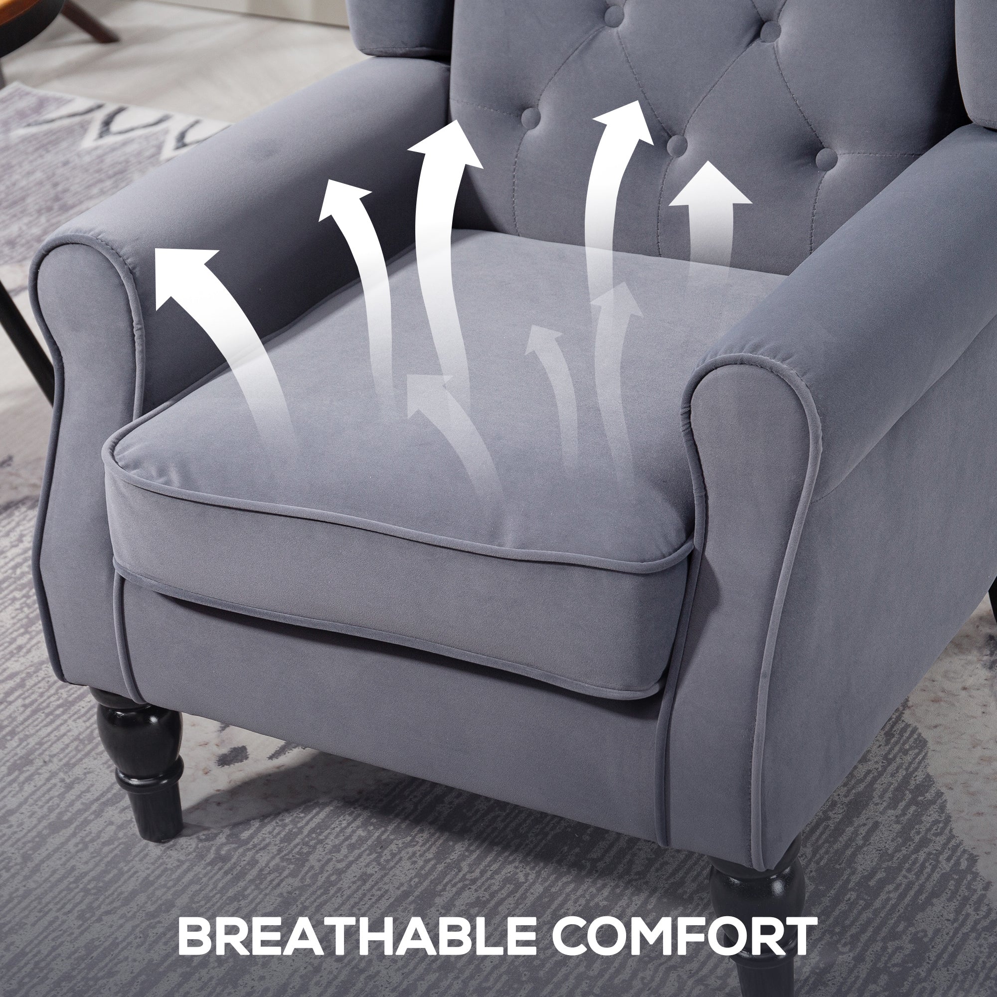 HOMCOM Wingback Accent Chair, Retro Upholstered Button Tufted Occasional Chair for Living Room and Bedroom, Charcoal Grey