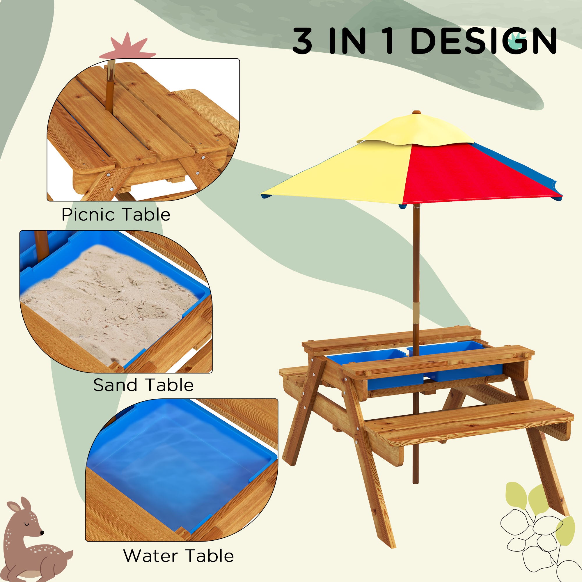Outsunny Kids Picnic Table Set, 3 in 1 Sand Pit Activity Table, Kids Garden Furniture w/ Removable Parasol, for 3-6 Years