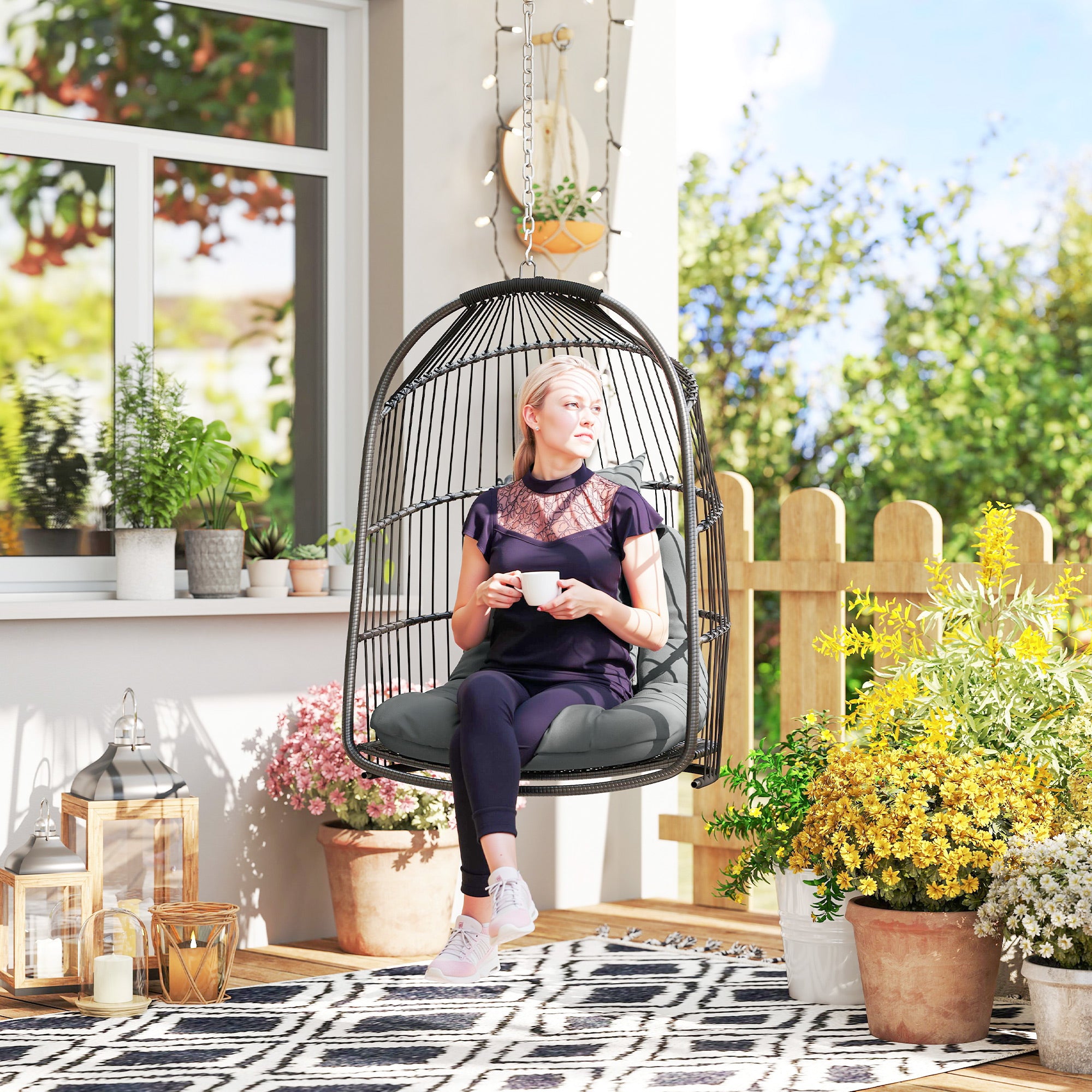 Outsunny Hanging Egg Chair, Foldable Rattan Garden Swing Chair with Installation Kit, Thickened Cushion and Headrest, Indoor Outdoor Hanging Egg Basket Seat for Patio, Porch, Dark Grey