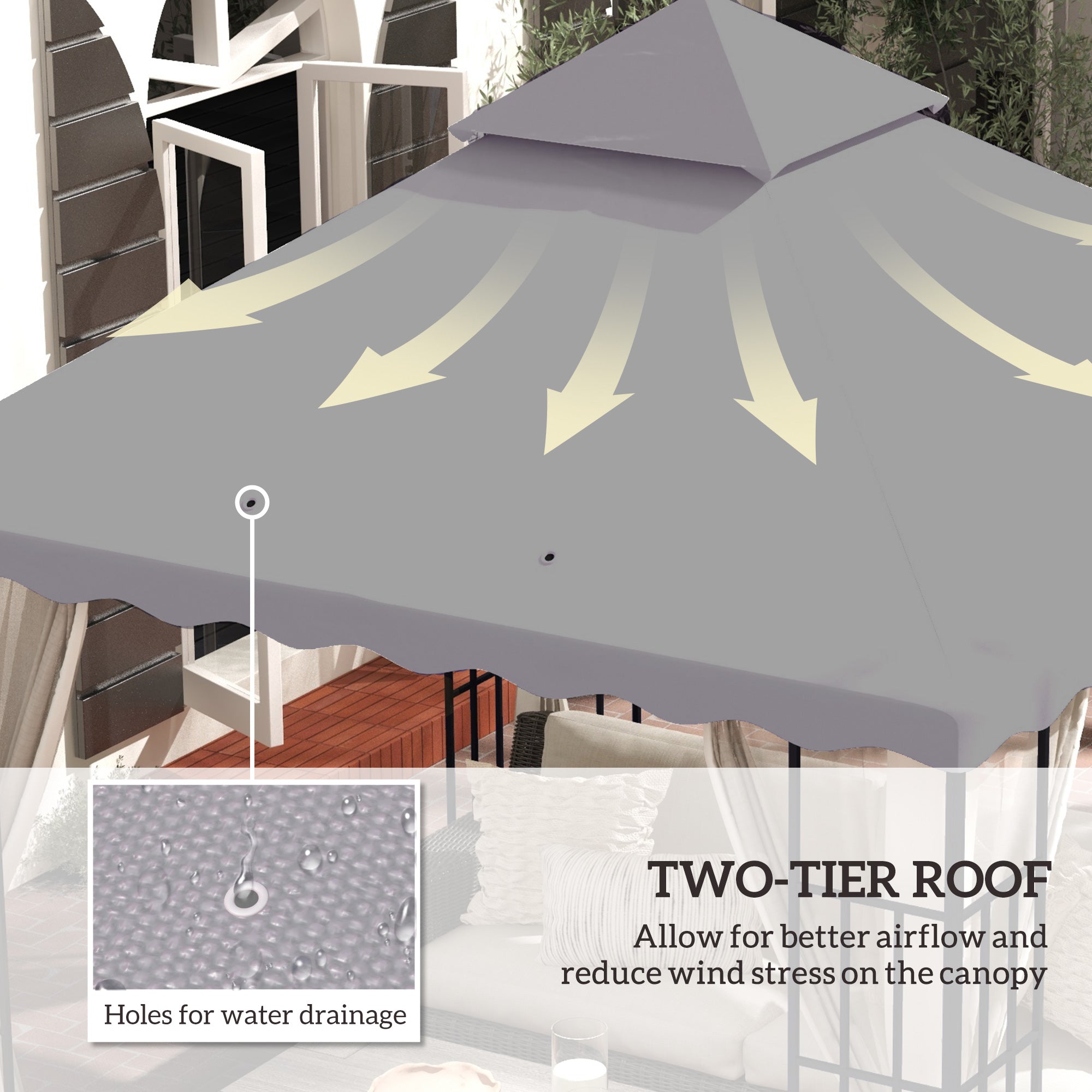 Outsunny 3 x 3 m Gazebo Canopy Replacement Covers, 2 - Tier Gazebo Roof Replacement TOP COVER ONLY, Light Grey