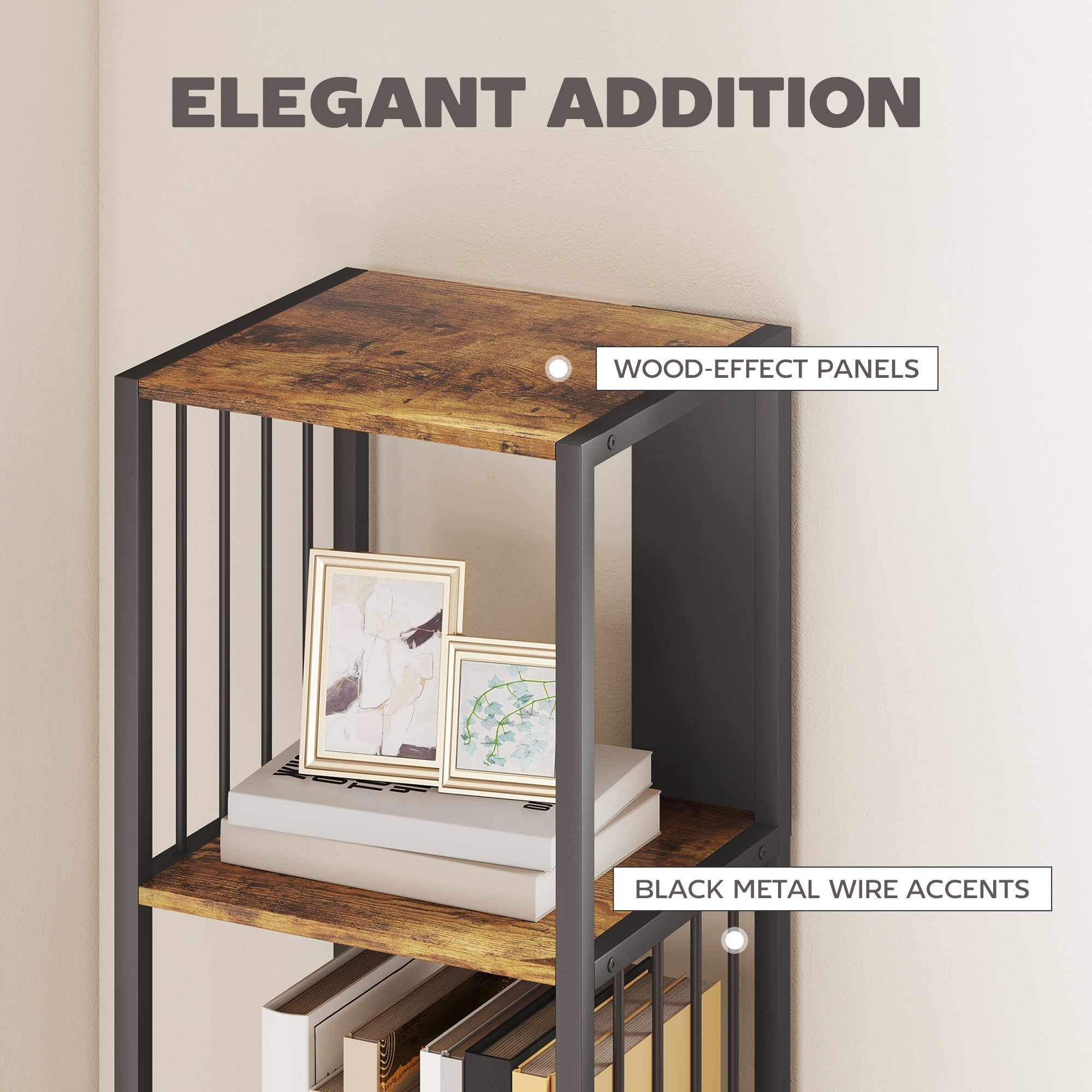 HOMCOM 5-Tier Bookshelf with Steel Frame - Rustic Brown