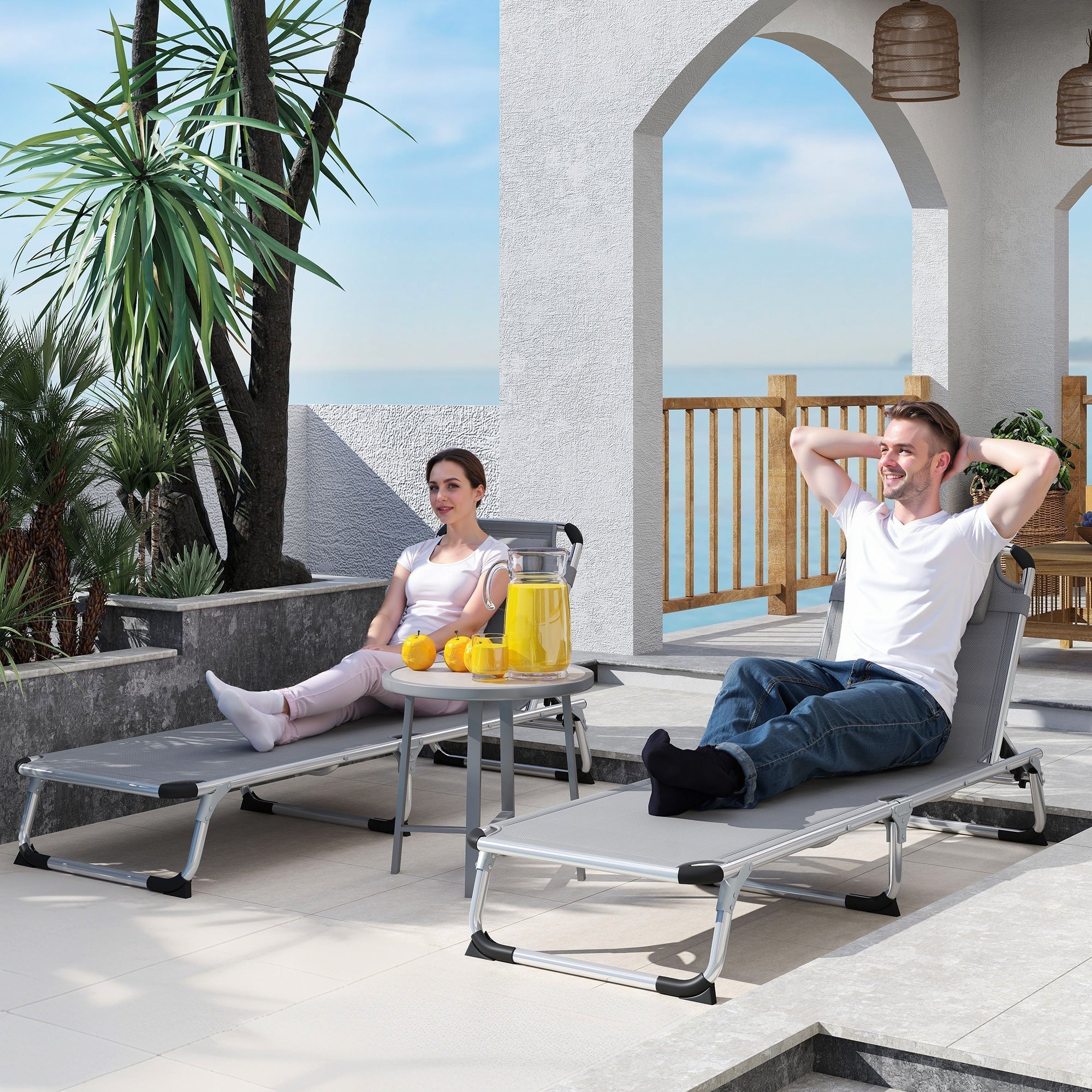 Outsunny Foldable Outdoor Sun Lounger Set of 2, Reclining Lounge Chair Camping Bed Cot with Pillow 4-Level Adjustable Back Aluminium Frame, Light Grey