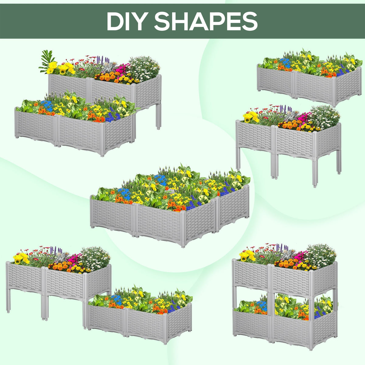 Outsunny Set of 4 26L Garden Raised Bed Elevated Patio Flower Plant Planter Box PP Vegetables Planting Container, Grey