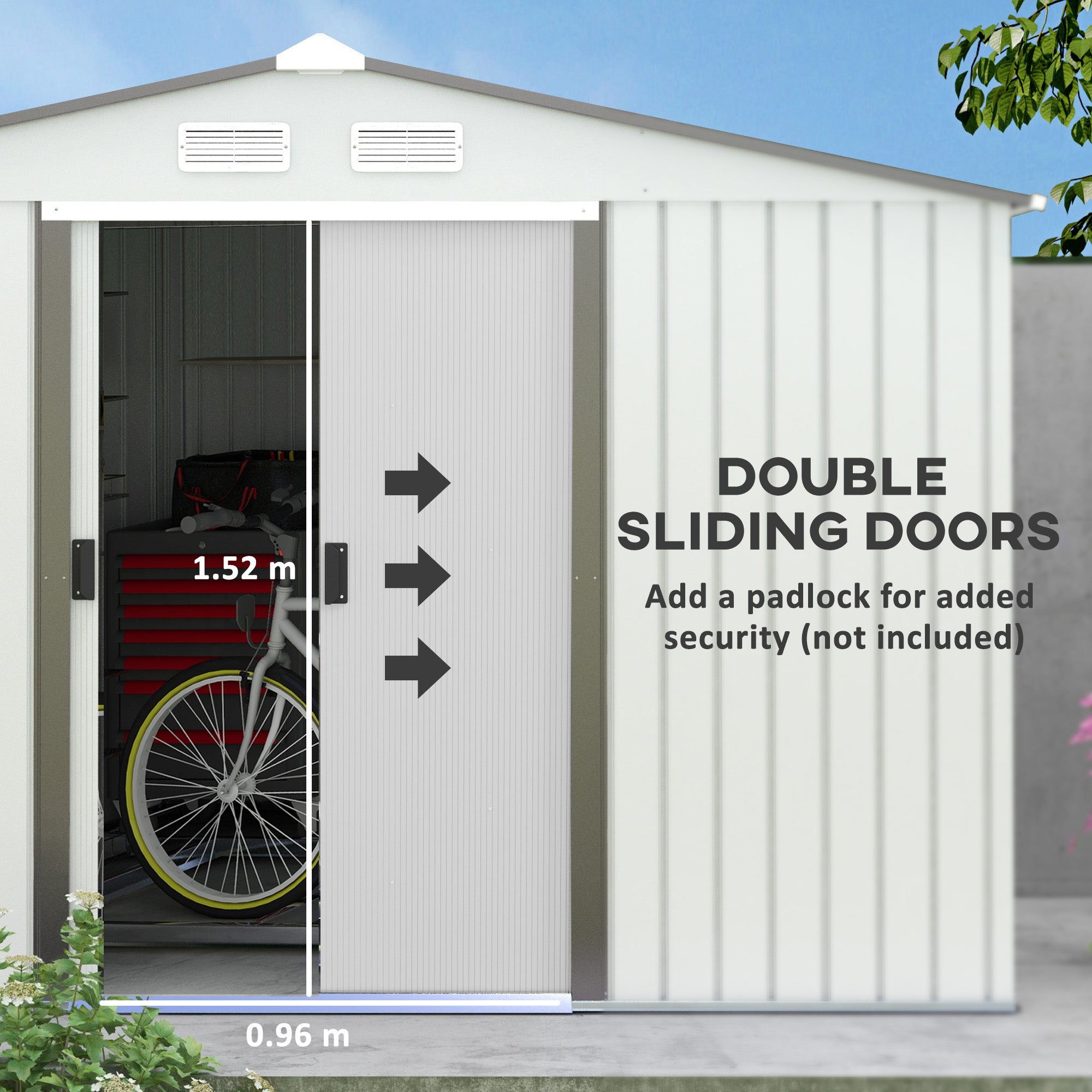 Outsunny Metal Bike Shed, Mobility Scooter Shed House with Foundation Kit, Ventilation, Doors, 9 x 6FT, Silver