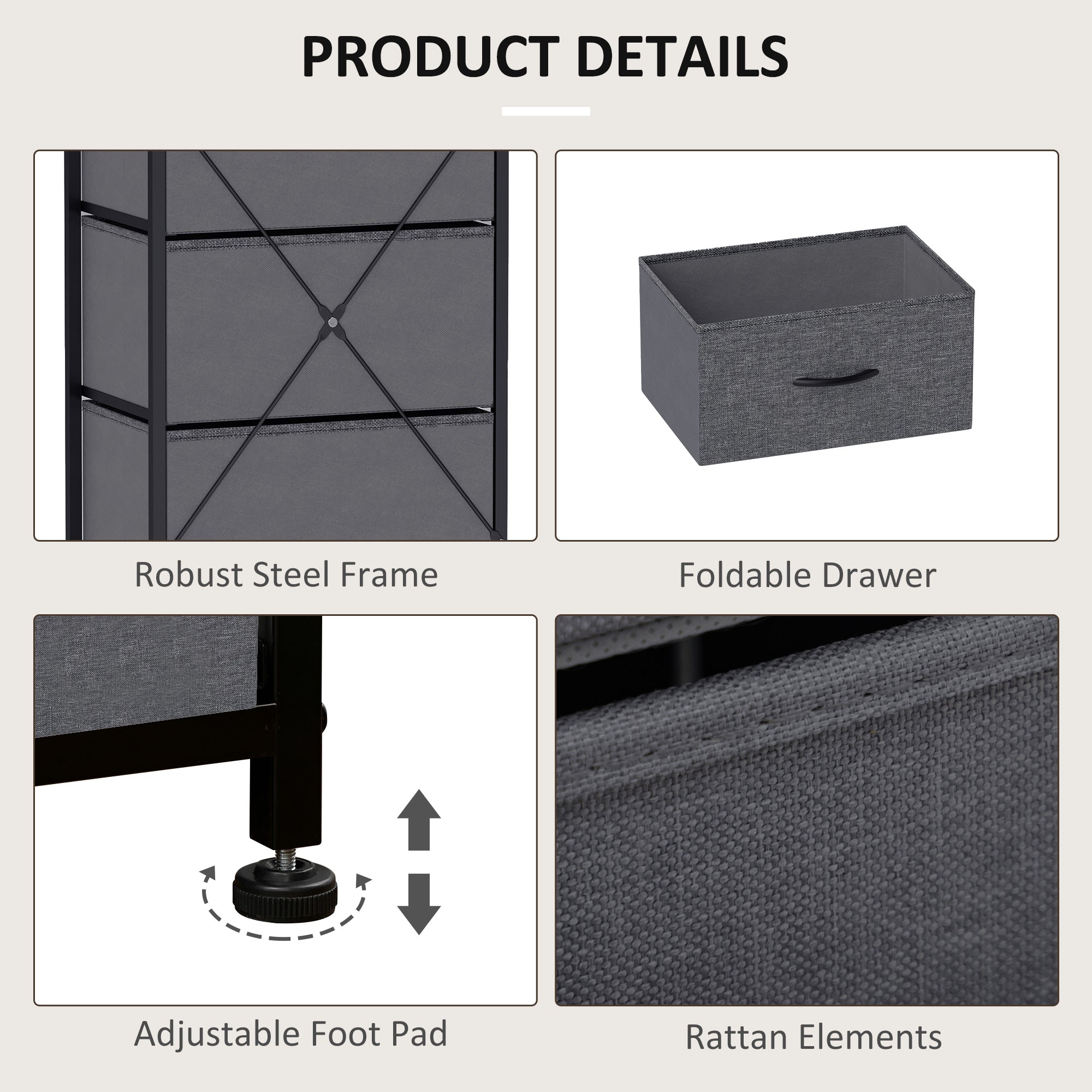 HOMCOM Fabric Chest of Drawers, Industrial Bedroom Dresser with 5 Fabric Drawers, Steel Frame and Wooden Top for Nursery, Living Room, Hallway, Dark Grey