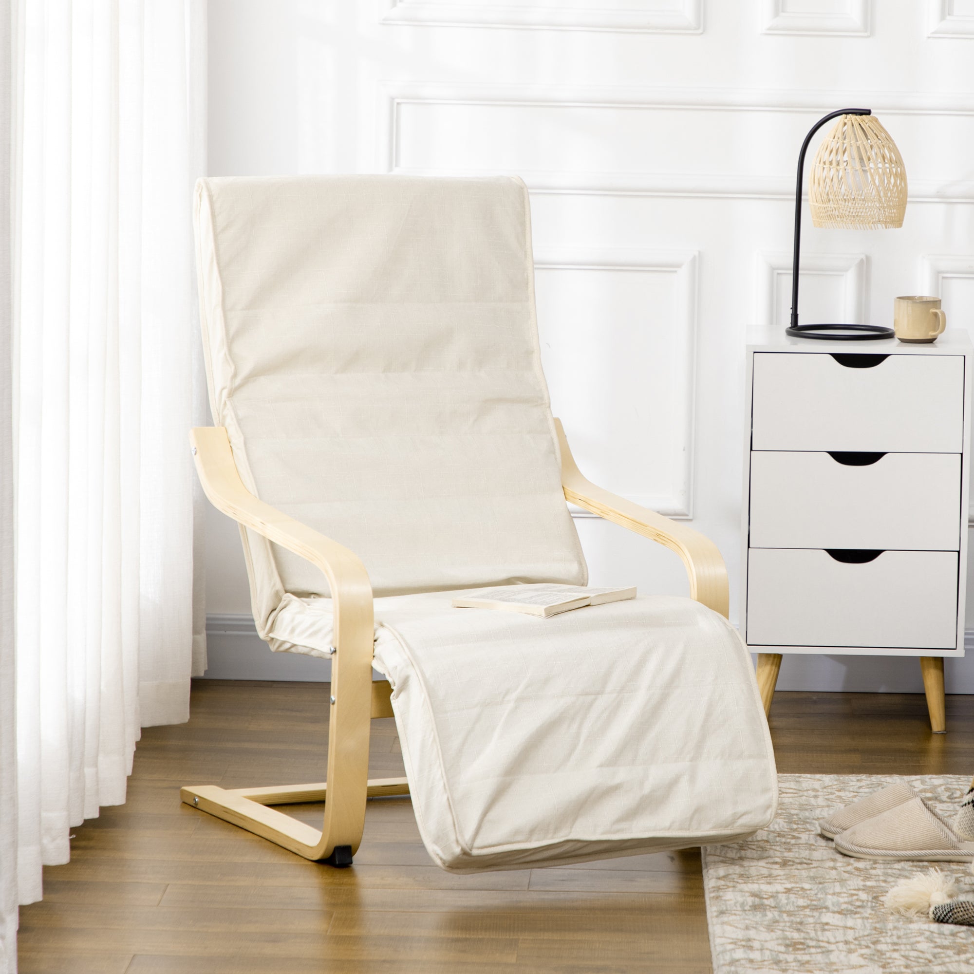 HOMCOM Wooden Armchair, Upholstered Linen Lounge Chair with Adjustable Footrest & Removable Cushion, Poang Chair for Living Room, Cream White