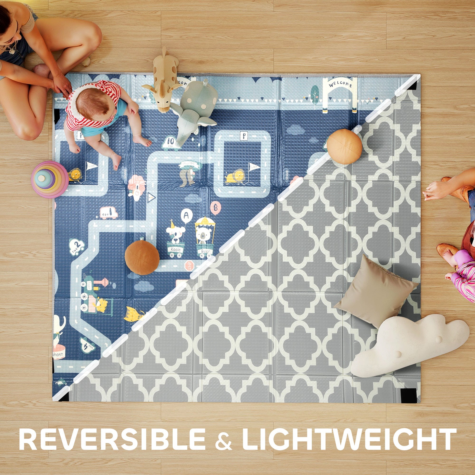AIYAPLAY Foldable Baby Play Mat, Baby Playpen, Reversible Foam Playmat, Floor Mats for Toddlers, Traffic and Grey Diamond Theme