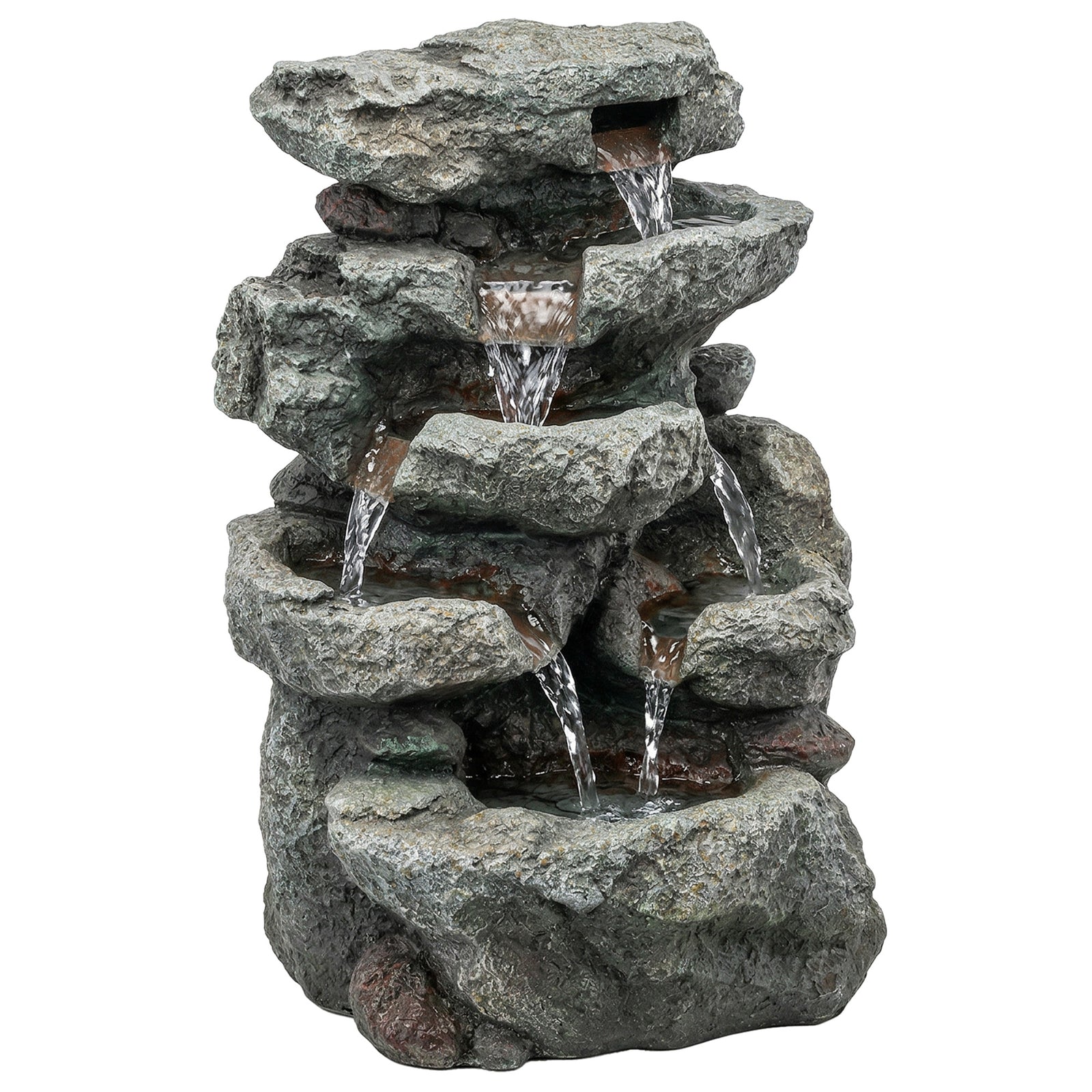 Outsunny Outdoor Fountain with 6-Tier Rock Design, Waterfall Feature with LED Lights, Resin Freestanding Garden Fountain, Grey